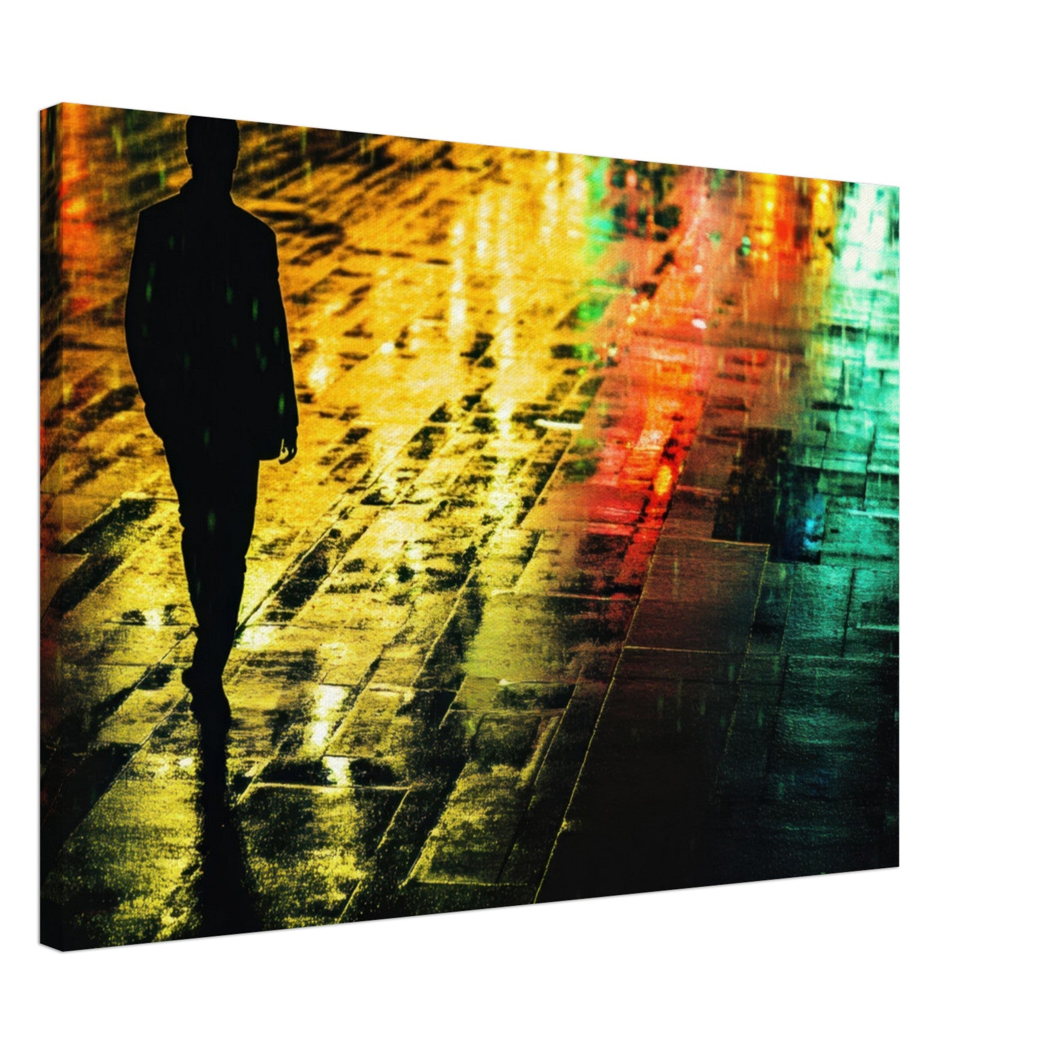 Canvas Landscape - A man walks alone in the pouring rain his figure 2 - Shop Ai Art WebShop - Digital Art online Store