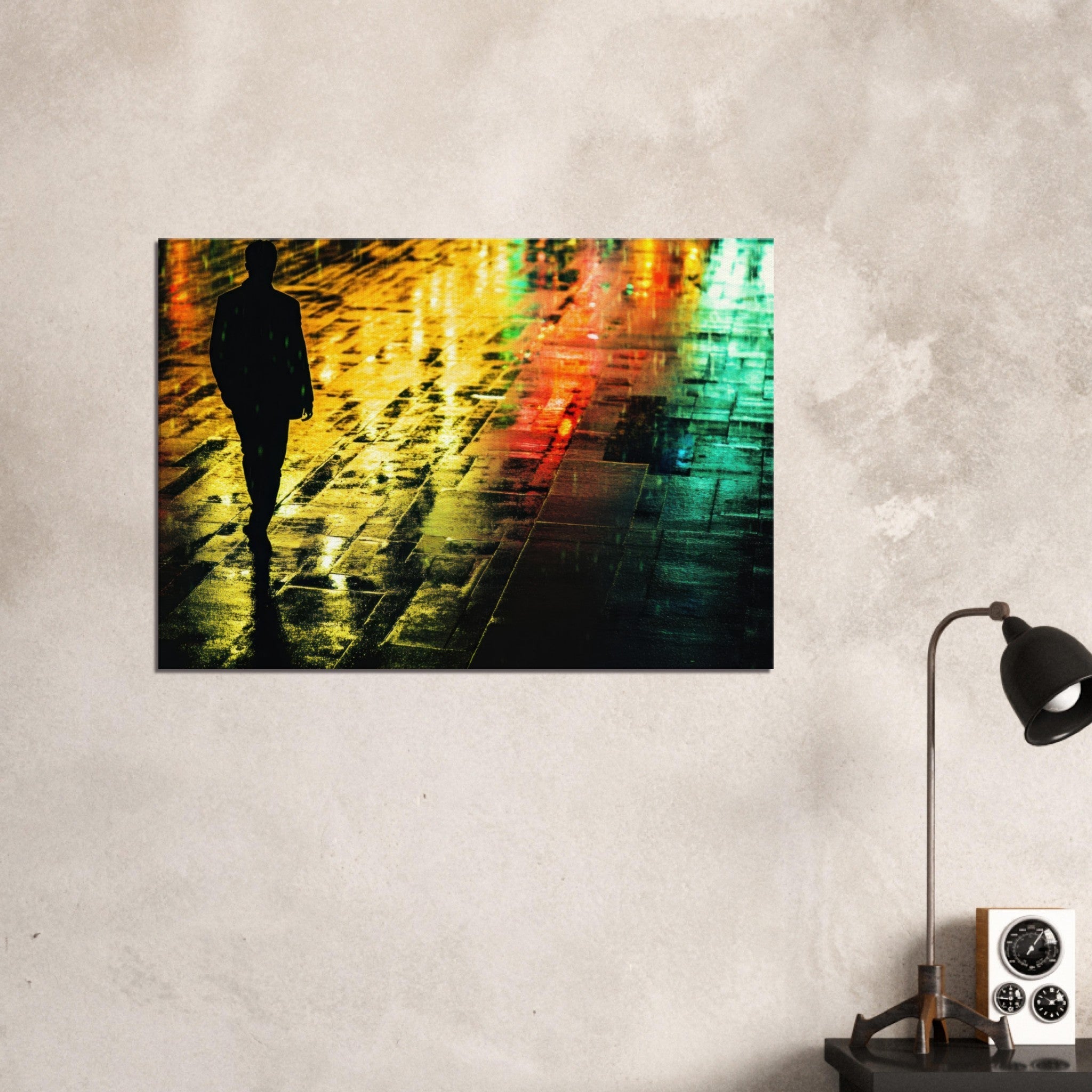 Canvas Landscape - A man walks alone in the pouring rain his figure 2 - Shop Ai Art WebShop - Digital Art online Store
