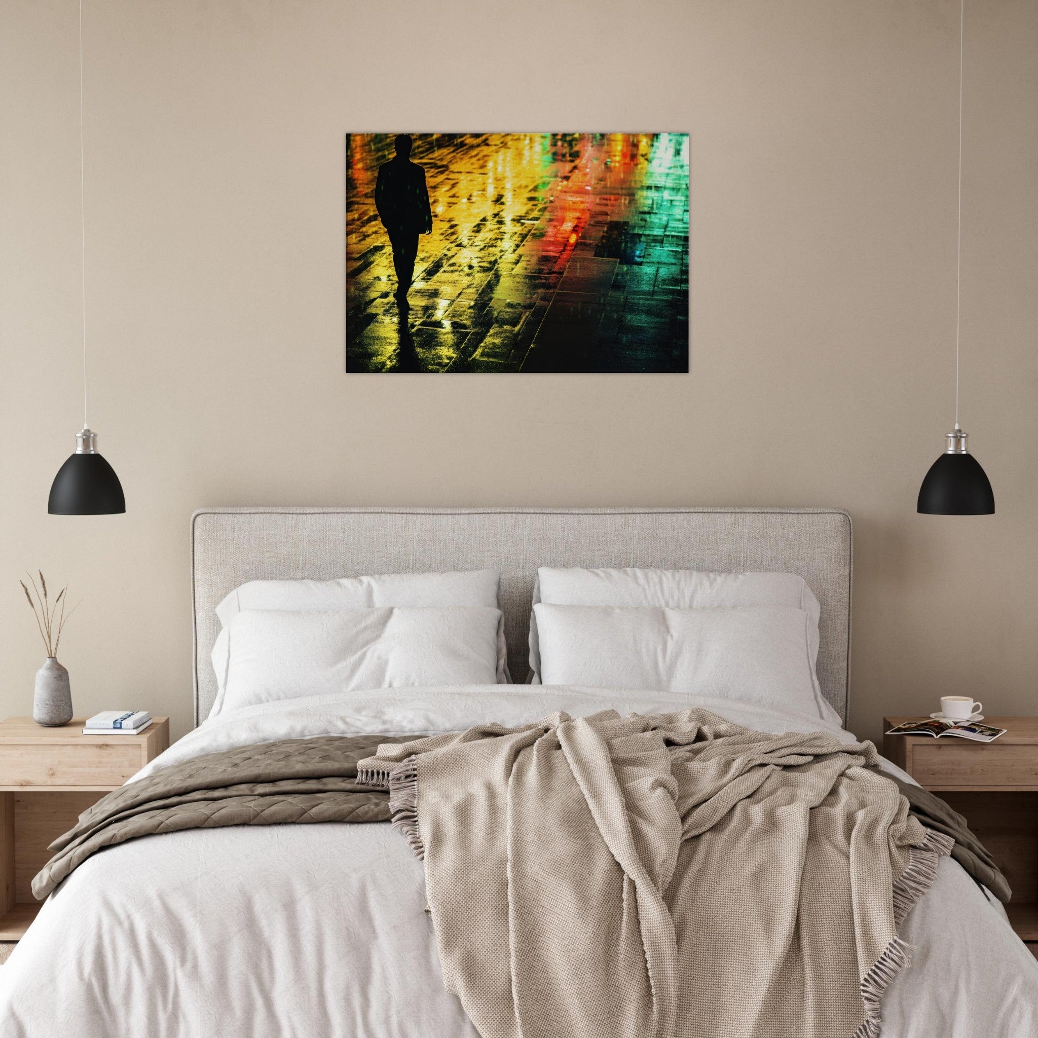 Canvas Landscape - A man walks alone in the pouring rain his figure 2 - Shop Ai Art WebShop - Digital Art online Store