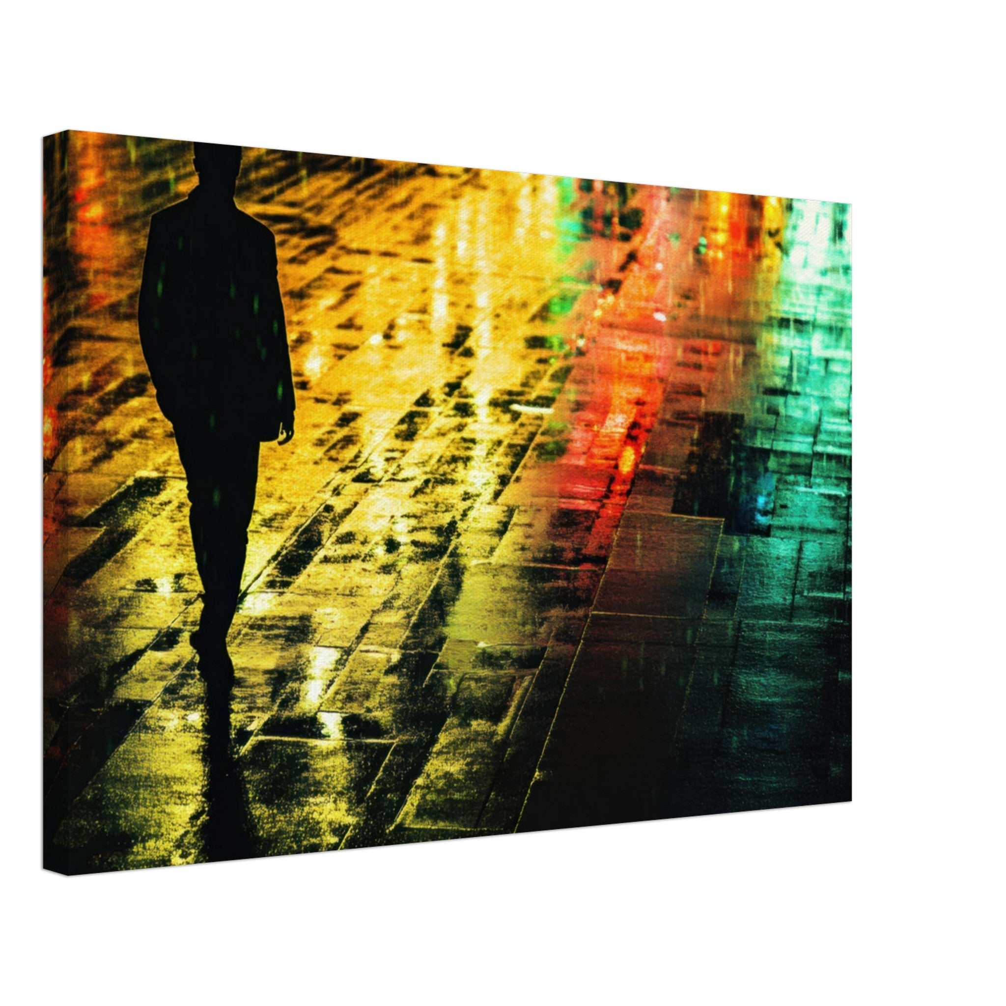 Canvas Landscape - A man walks alone in the pouring rain his figure 2 - Shop Ai Art WebShop - Digital Art online Store