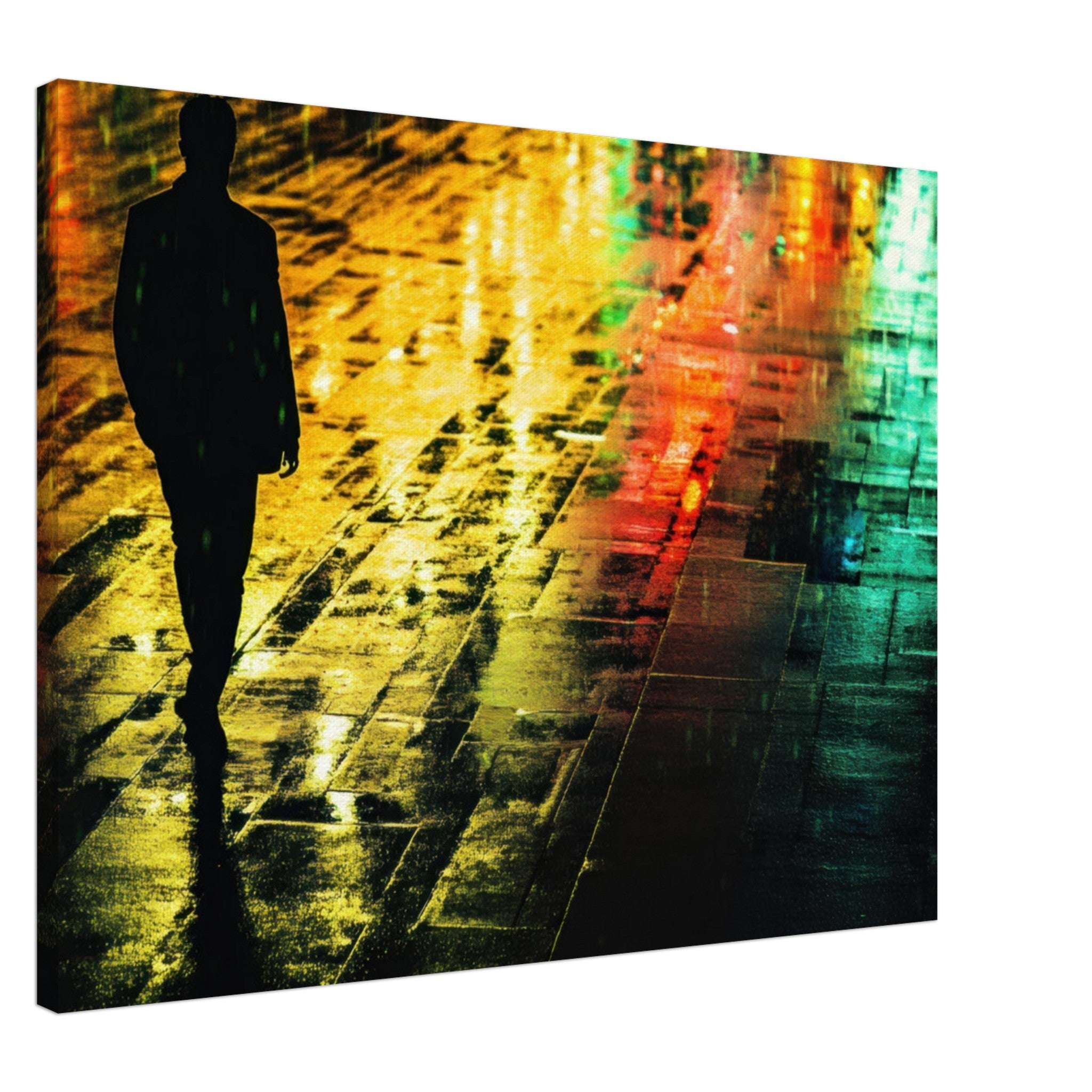 Canvas Landscape - A man walks alone in the pouring rain his figure 2 - Shop Ai Art WebShop - Digital Art online Store