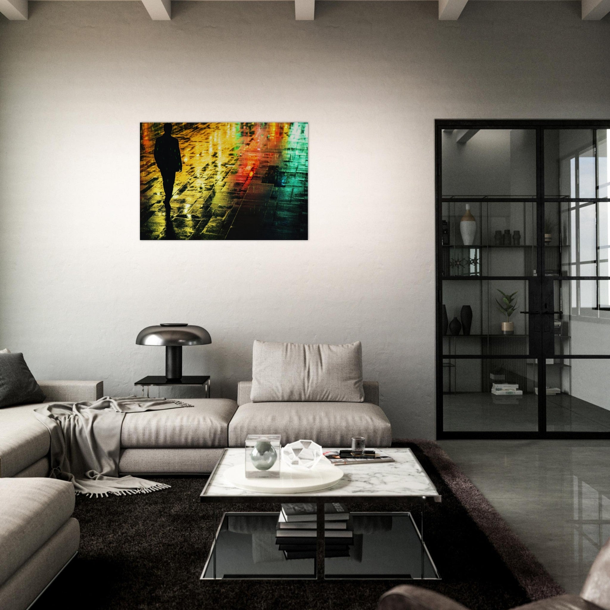 Canvas Landscape - A man walks alone in the pouring rain his figure 2 - Shop Ai Art WebShop - Digital Art online Store