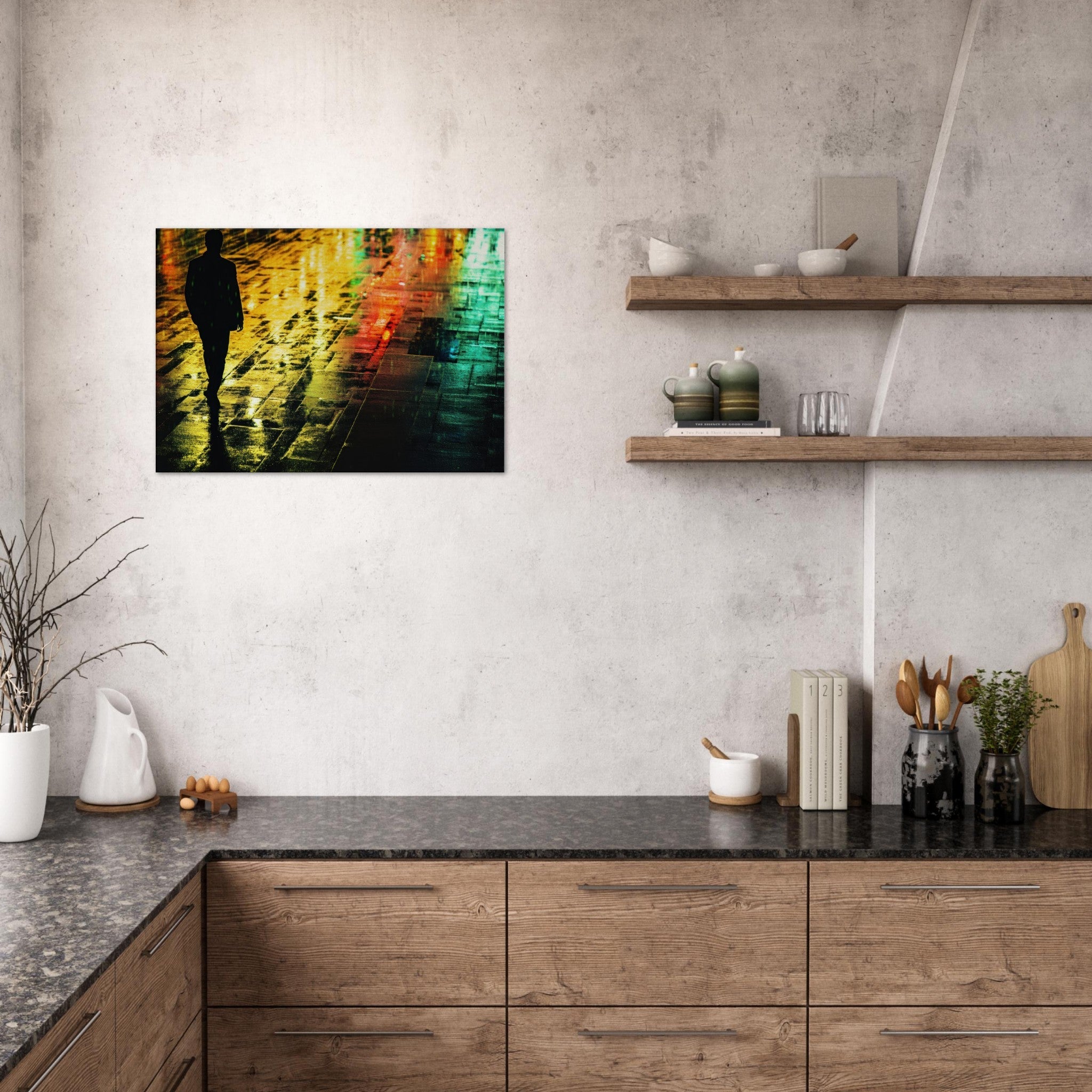 Canvas Landscape - A man walks alone in the pouring rain his figure 2 - Shop Ai Art WebShop - Digital Art online Store