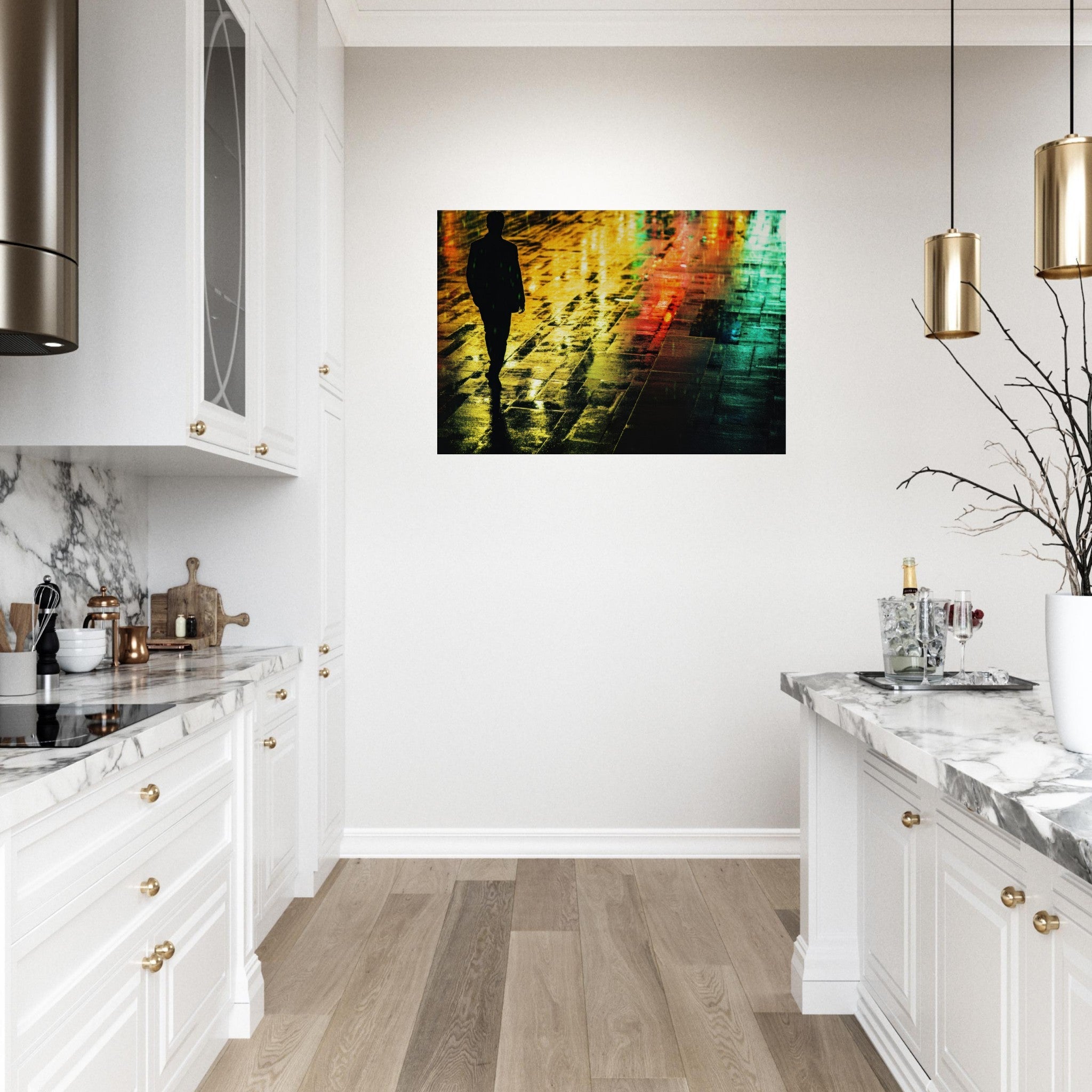 Canvas Landscape - A man walks alone in the pouring rain his figure 2 - Shop Ai Art WebShop - Digital Art online Store