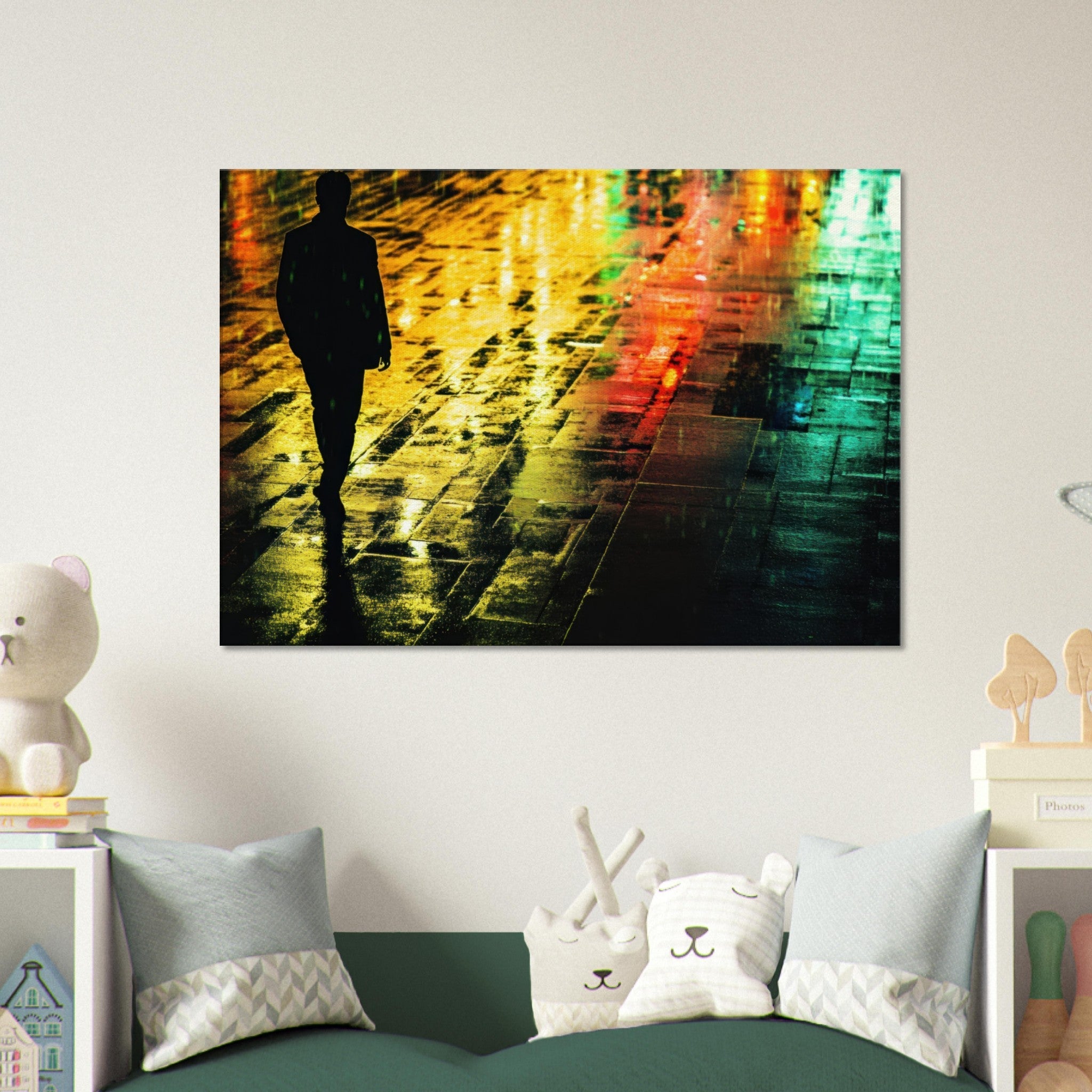 Canvas Landscape - A man walks alone in the pouring rain his figure 2 - Shop Ai Art WebShop - Digital Art online Store