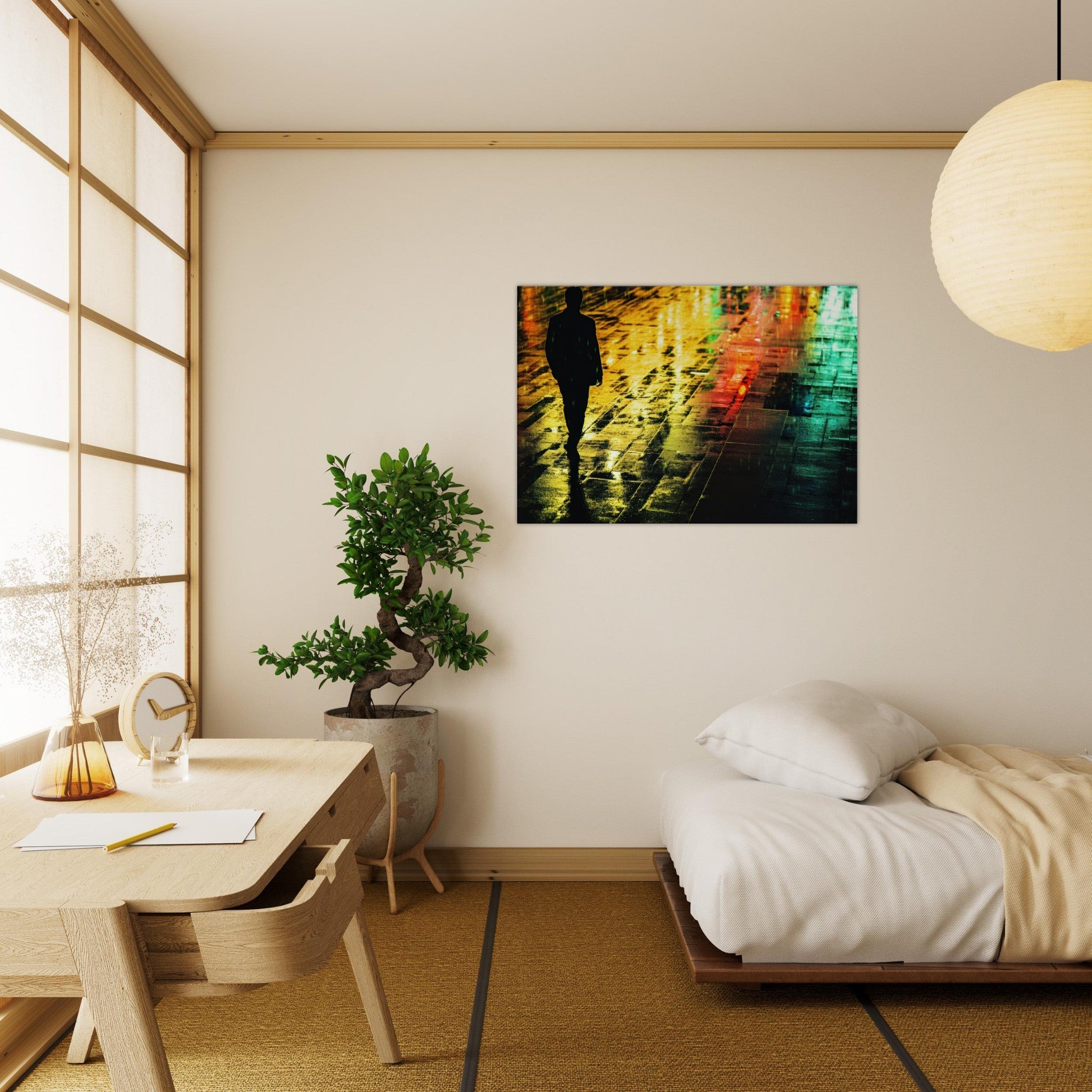 Canvas Landscape - A man walks alone in the pouring rain his figure 2 - Shop Ai Art WebShop - Digital Art online Store