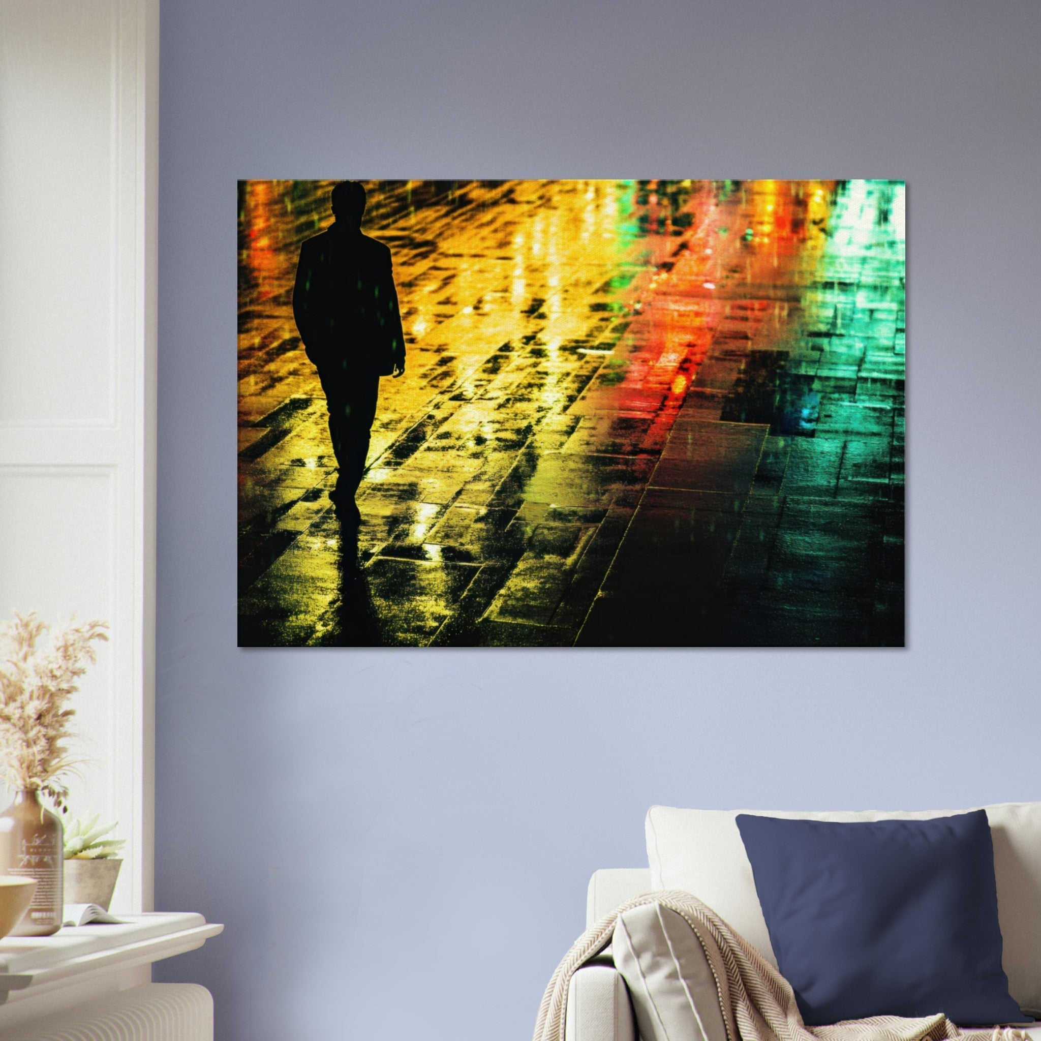 Canvas Landscape - A man walks alone in the pouring rain his figure 2 - Shop Ai Art WebShop - Digital Art online Store