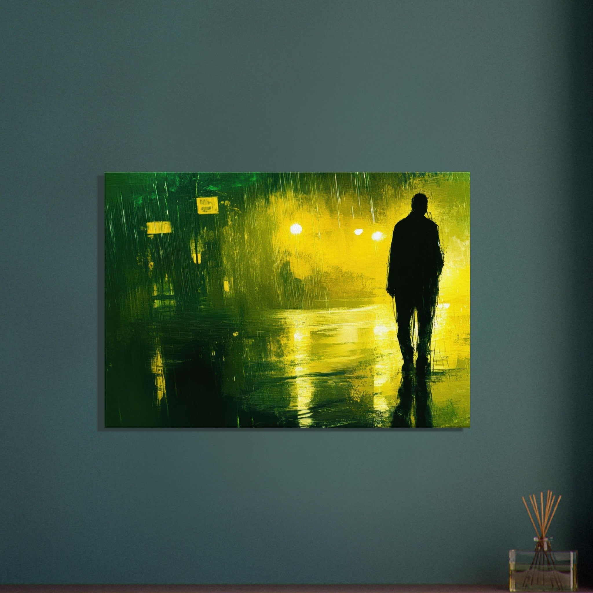 Canvas Landscape - A man walks alone in the pouring rain his figure 3 - Ai Art Force