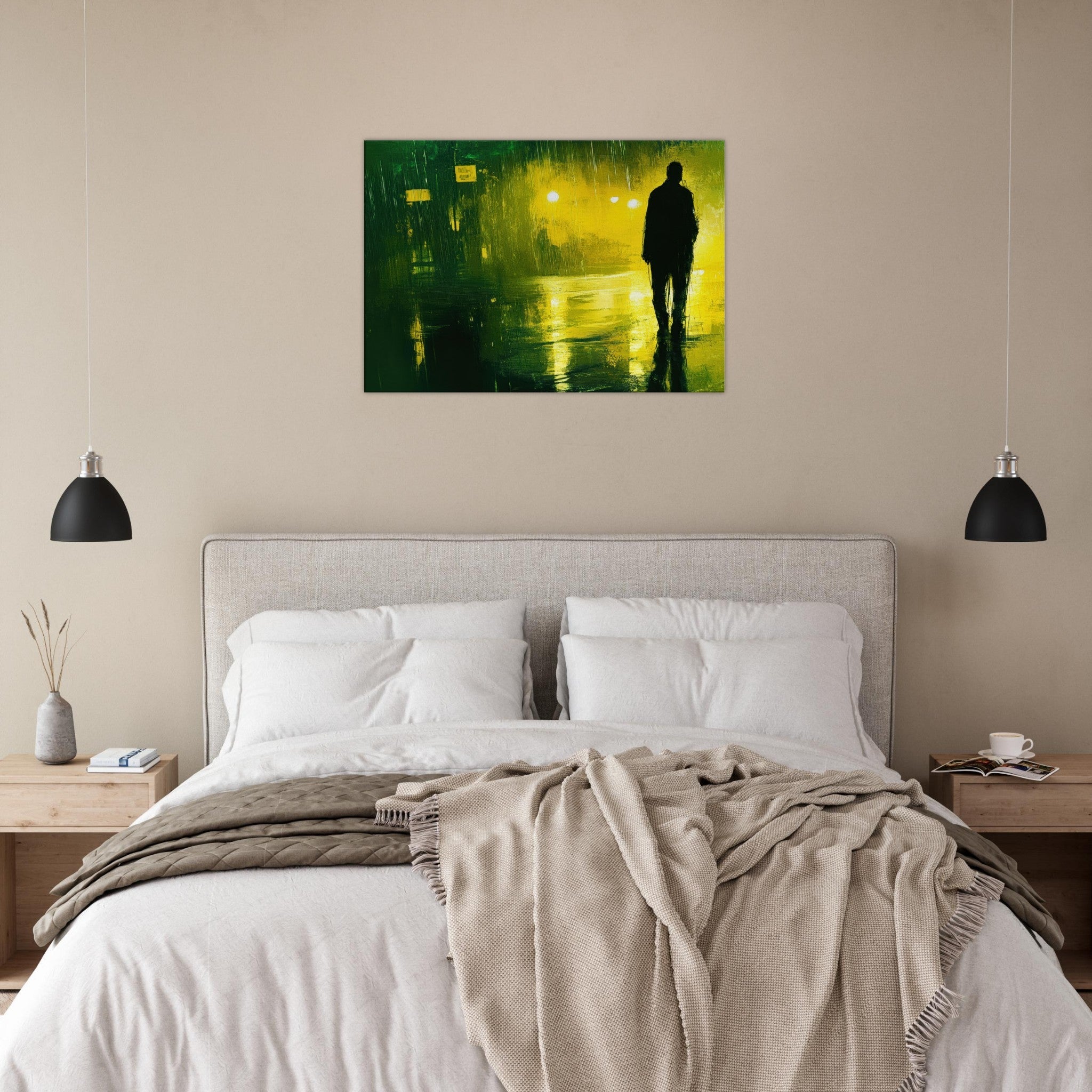 Canvas Landscape - A man walks alone in the pouring rain his figure 3 - Ai Art Force