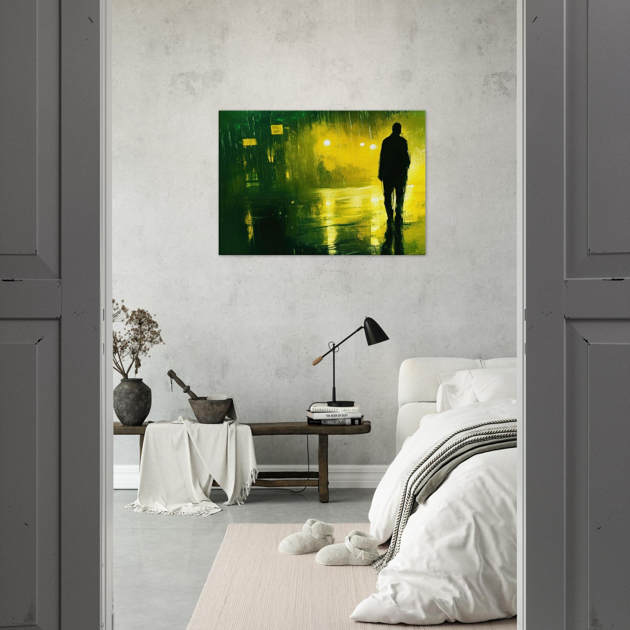 Canvas Landscape - A man walks alone in the pouring rain his figure 3 - Ai Art Force
