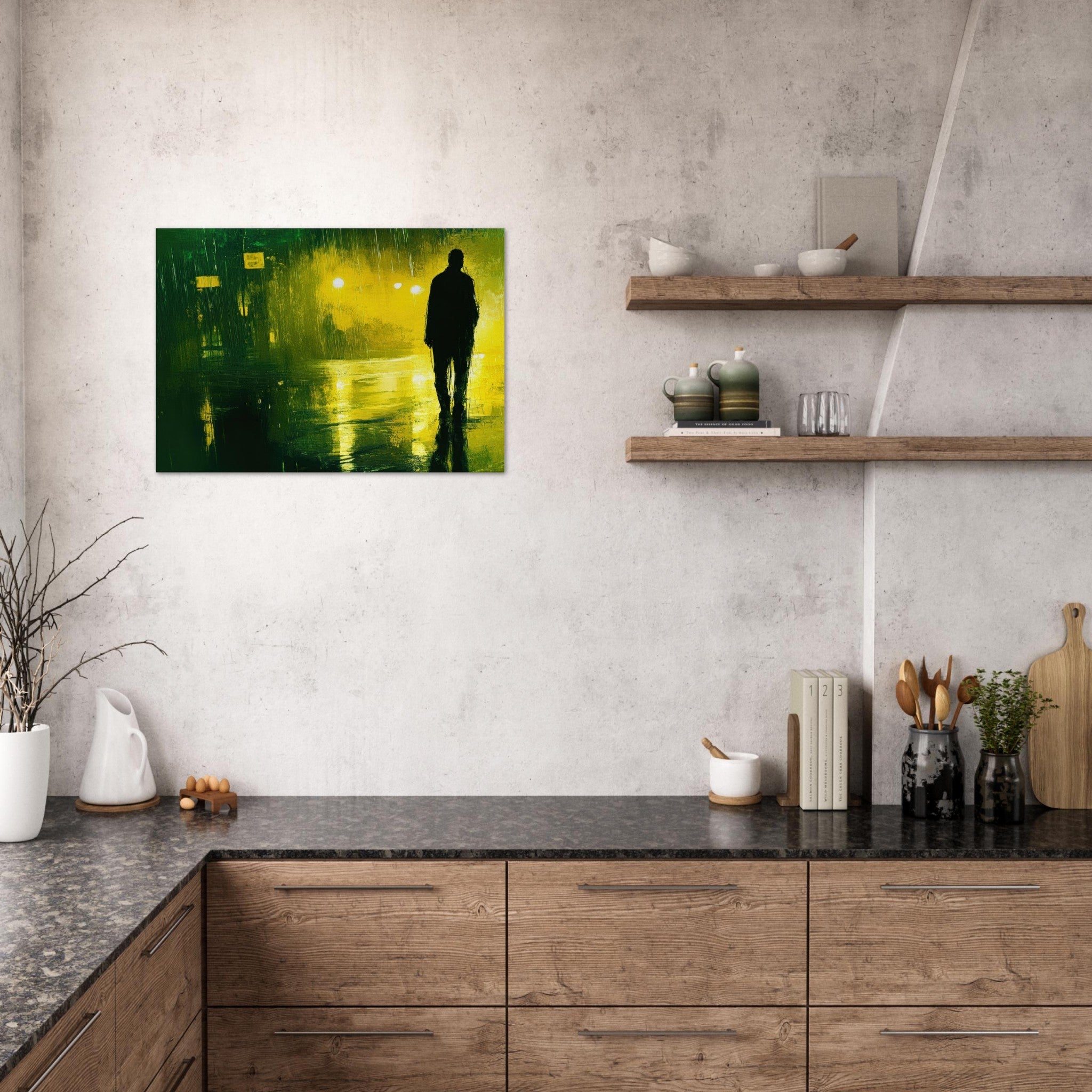 Canvas Landscape - A man walks alone in the pouring rain his figure 3 - Ai Art Force