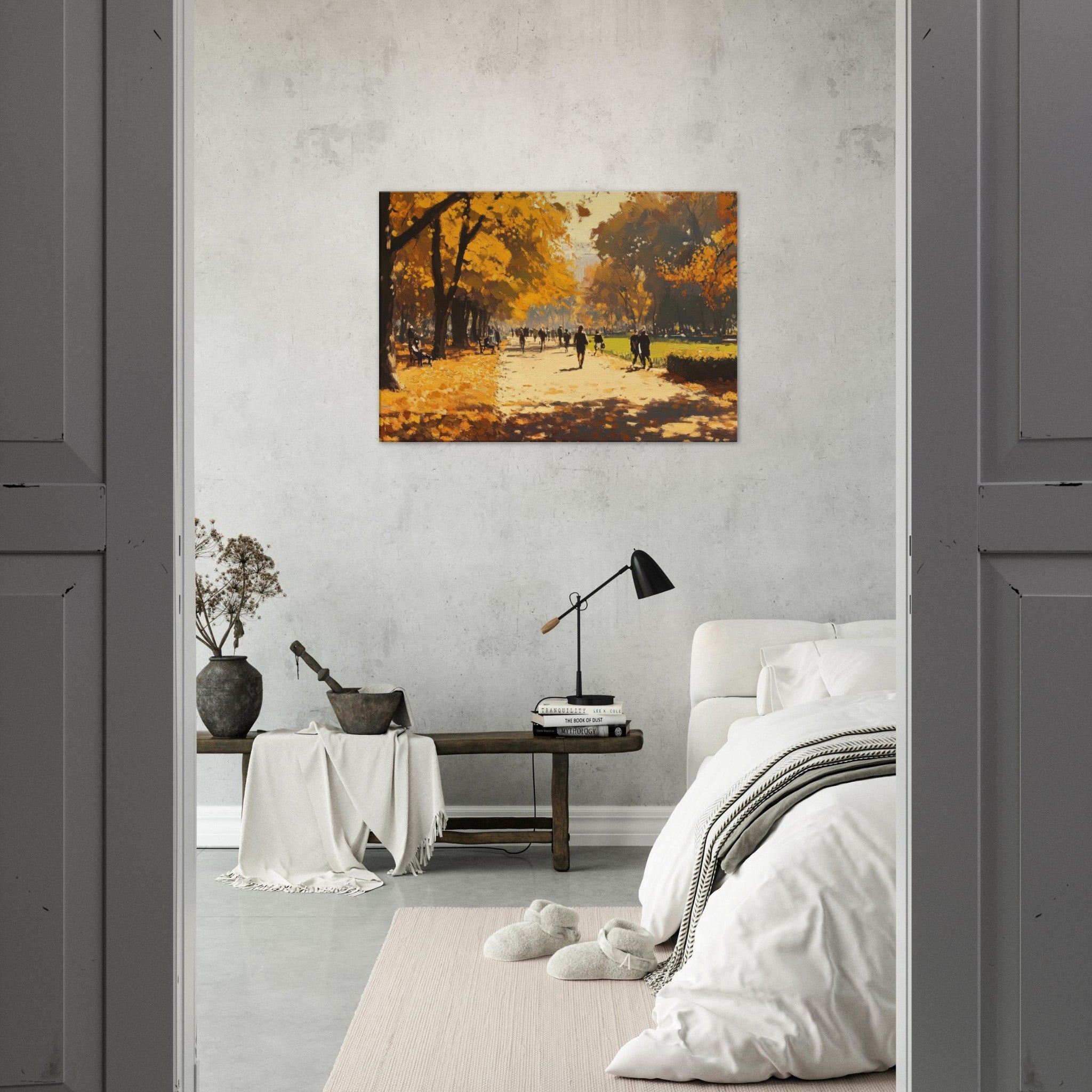 Canvas Landscape - Autumn Park with Strolling Figures A vast park 3 - Shop Ai Art WebShop - Digital Art online Store