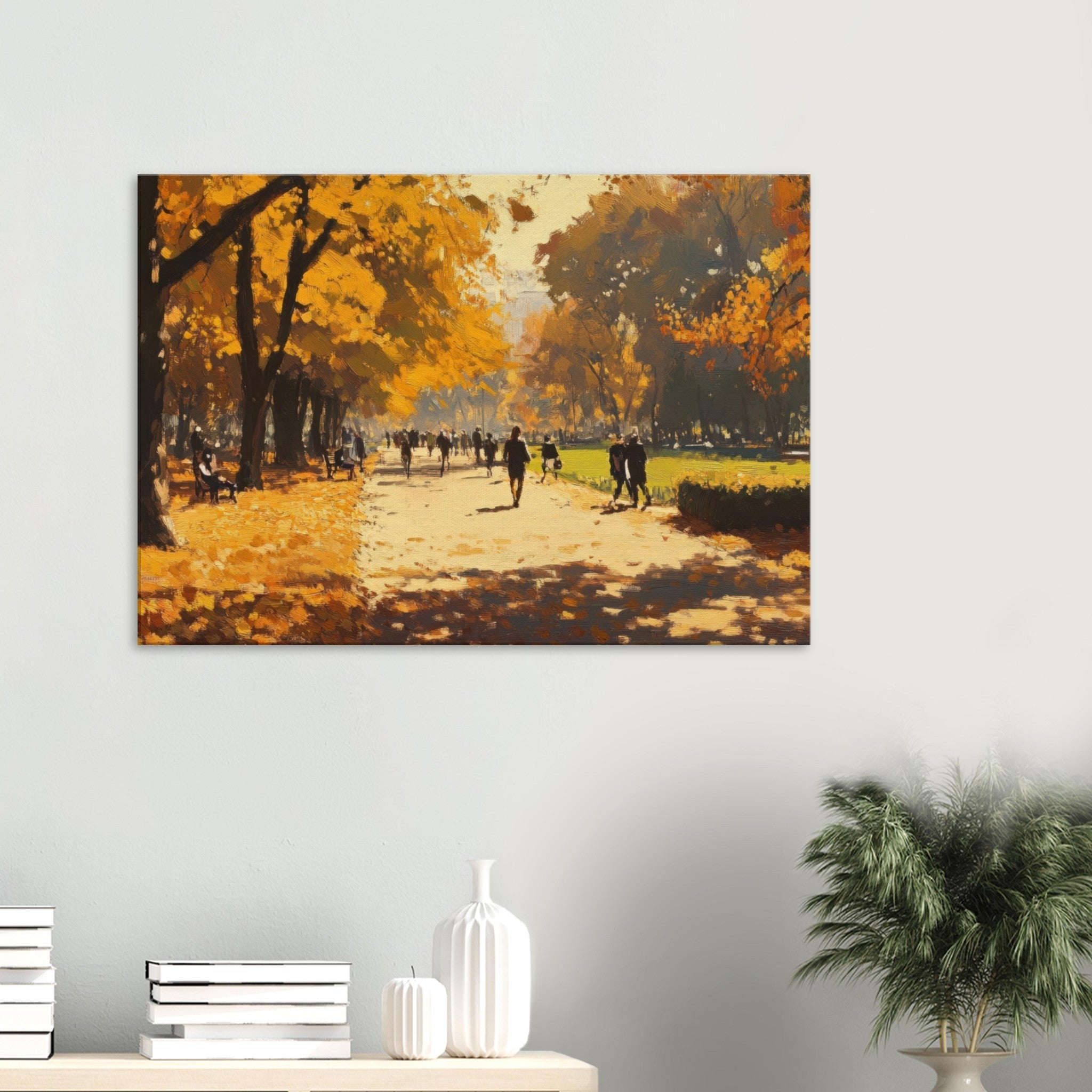Canvas Landscape - Autumn Park with Strolling Figures A vast park 3 - Shop Ai Art WebShop - Digital Art online Store