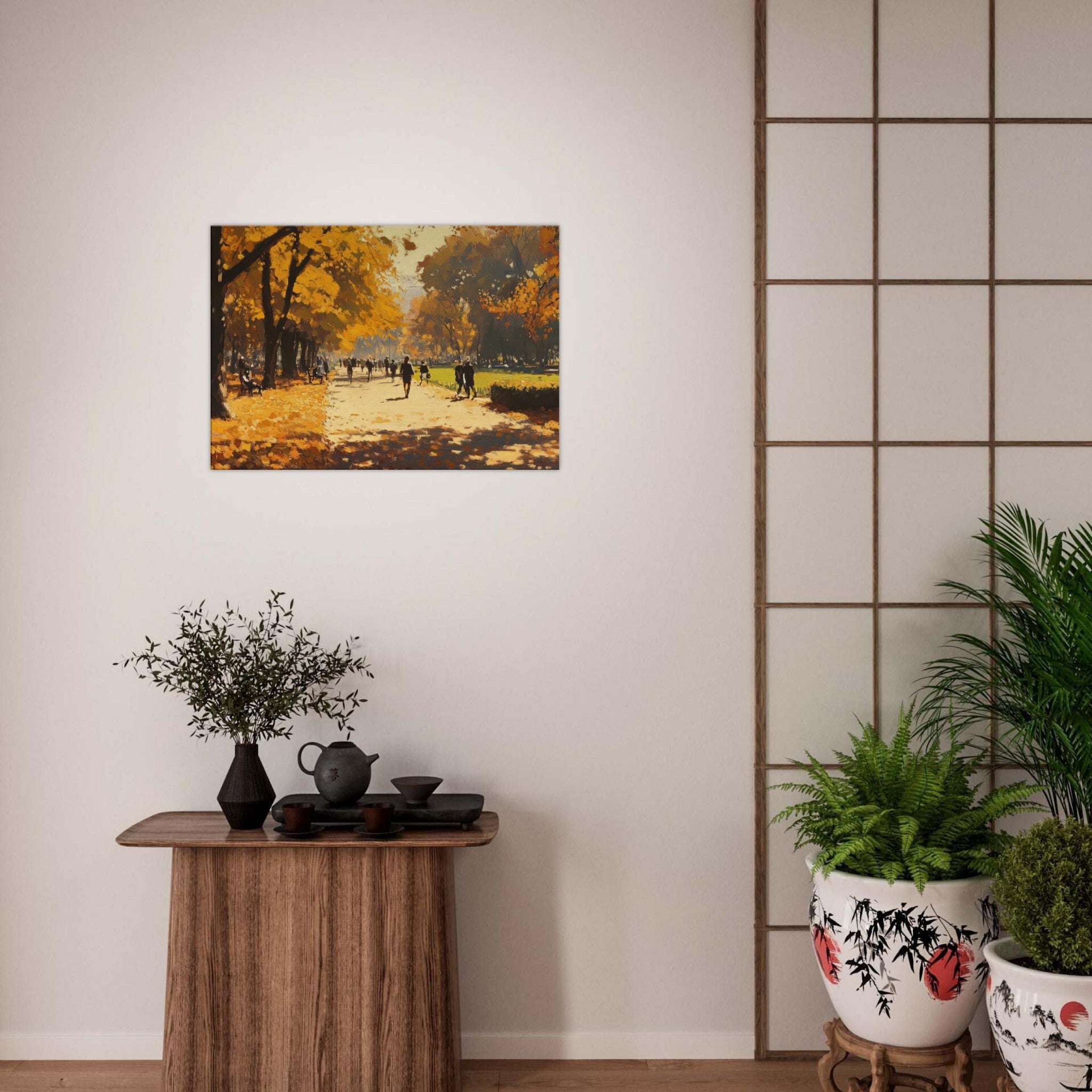 Canvas Landscape - Autumn Park with Strolling Figures A vast park 3 - Shop Ai Art WebShop - Digital Art online Store
