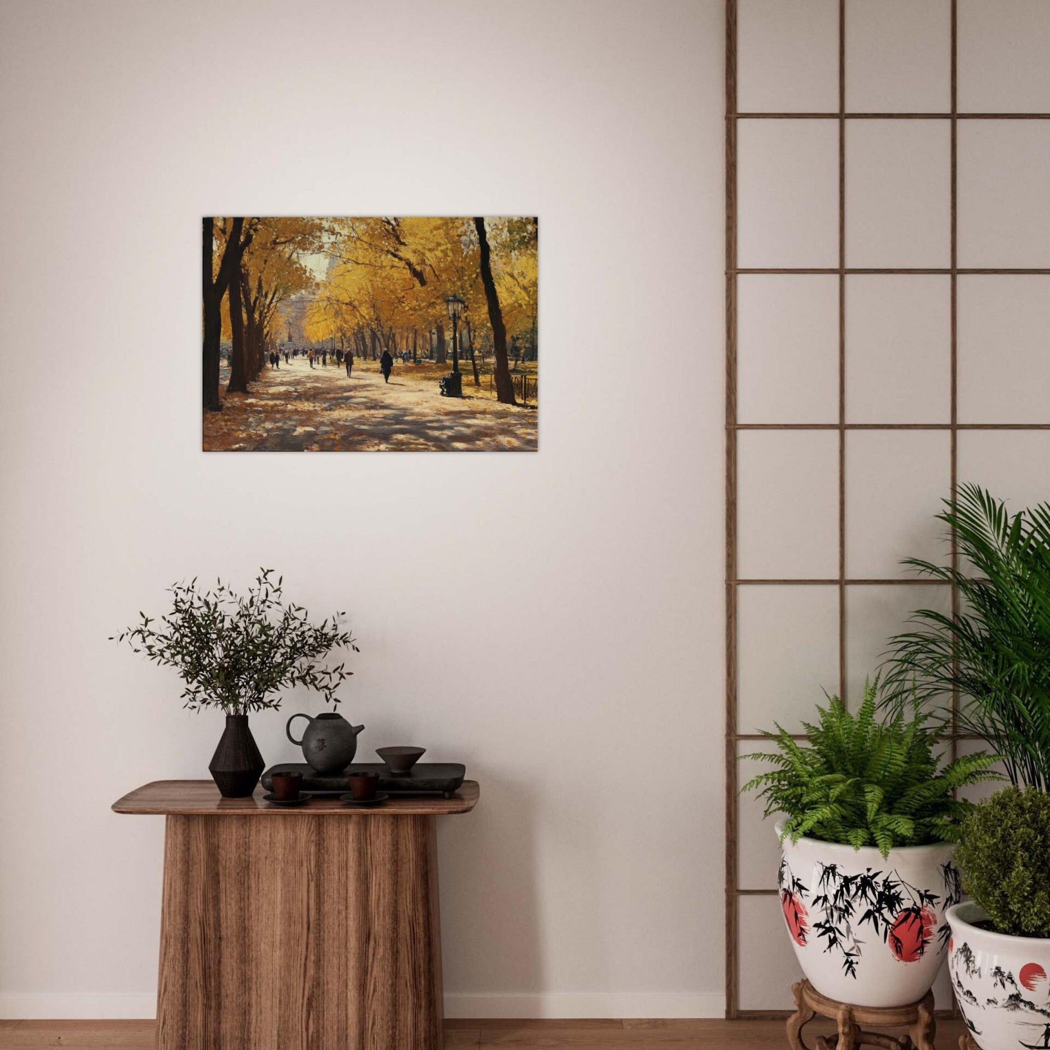 Canvas Landscape - Autumn Park with Strolling Figures A vast park - Shop Ai Art WebShop - Digital Art online Store