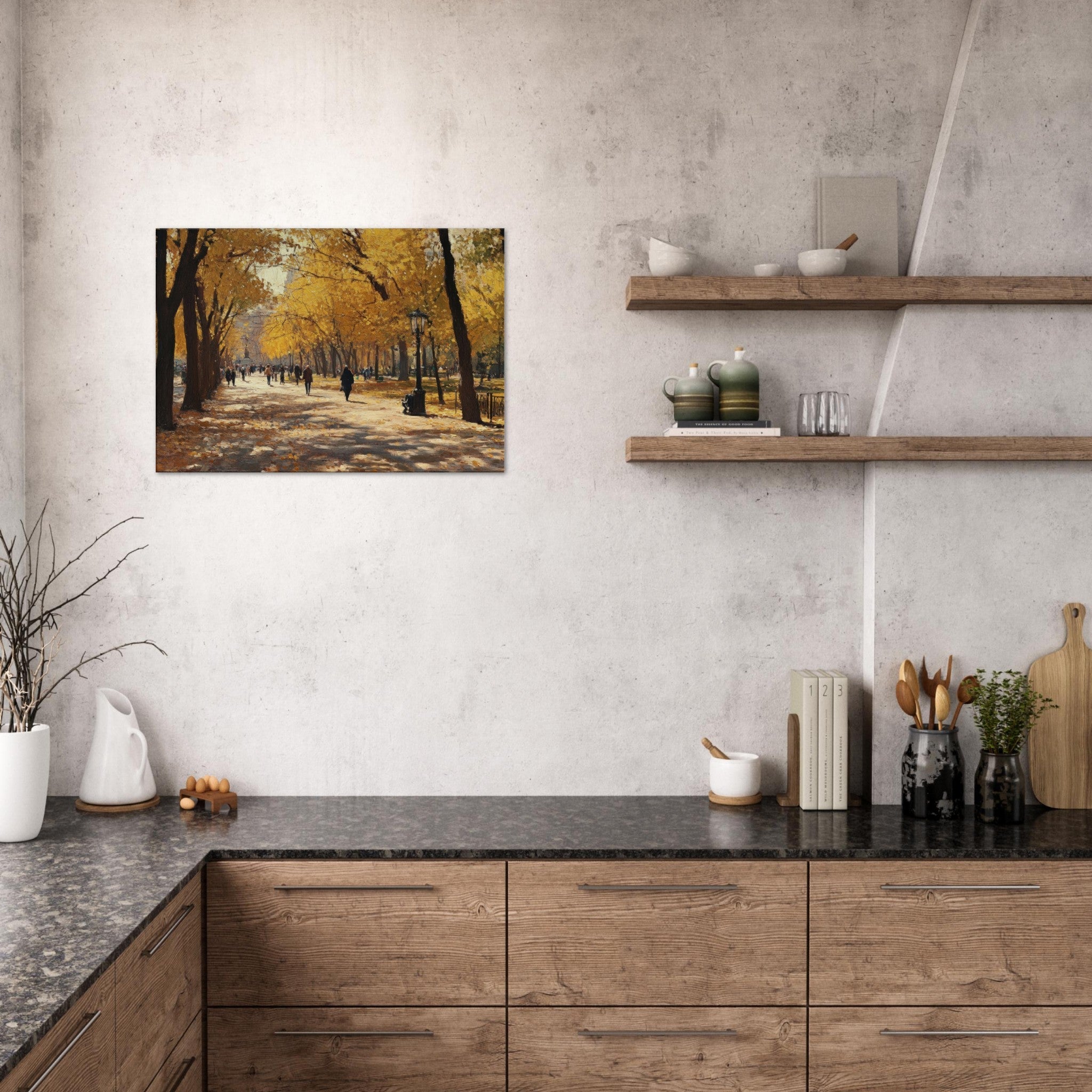 Canvas Landscape - Autumn Park with Strolling Figures A vast park - Shop Ai Art WebShop - Digital Art online Store