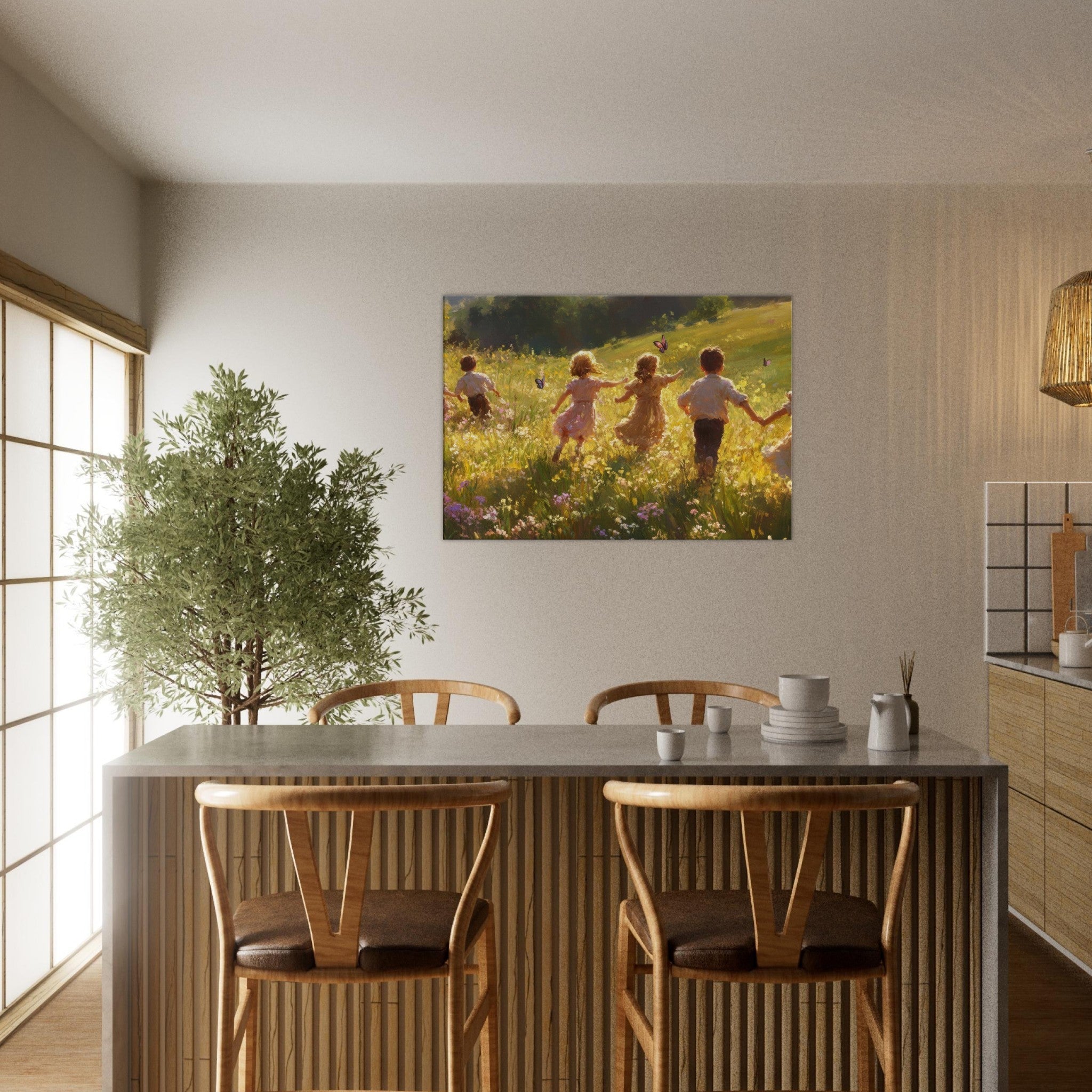 Canvas Landscape - Children Playing in a Meadow A sunlit country - Shop Ai Art WebShop - Digital Art online Store