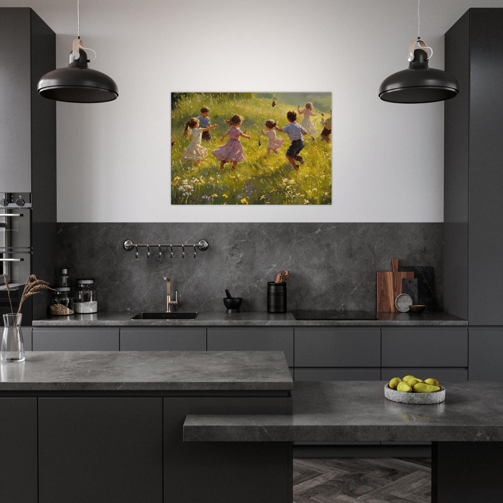 Canvas Landscape - Children Playing in a Meadow A sunlit country 2 - Shop Ai Art WebShop - Digital Art online Store