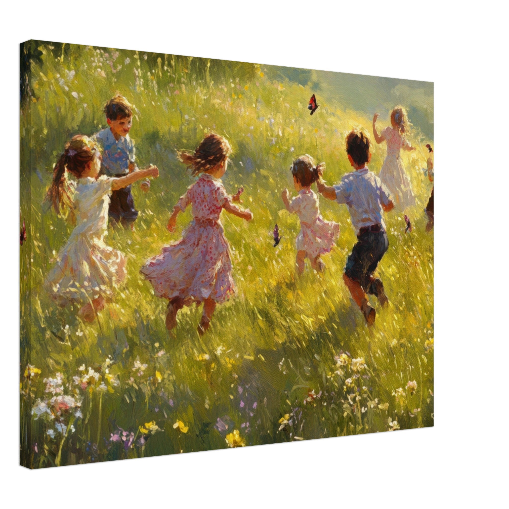 Canvas Landscape - Children Playing in a Meadow A sunlit country 2 - Shop Ai Art WebShop - Digital Art online Store
