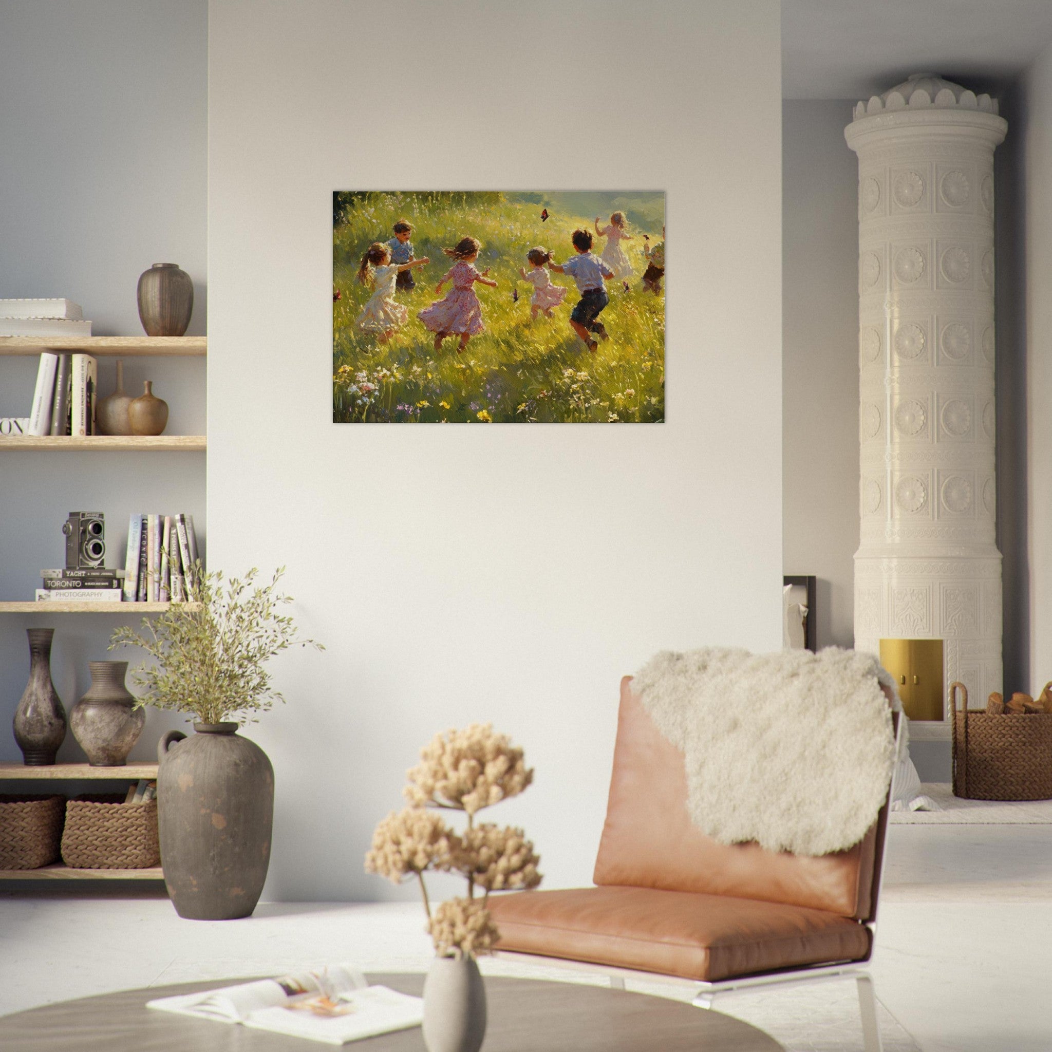 Canvas Landscape - Children Playing in a Meadow A sunlit country 2 - Shop Ai Art WebShop - Digital Art online Store