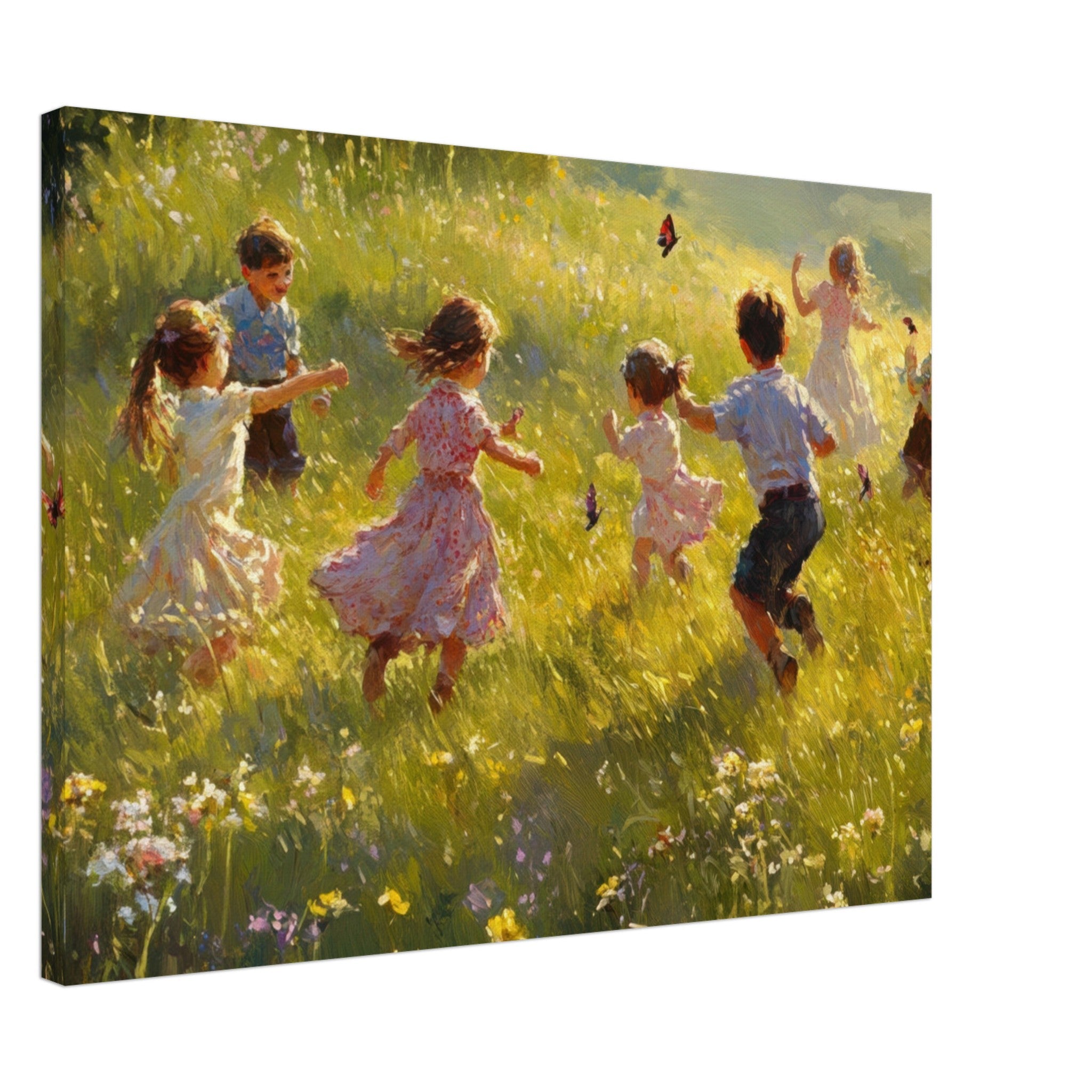 Canvas Landscape - Children Playing in a Meadow A sunlit country 2 - Shop Ai Art WebShop - Digital Art online Store