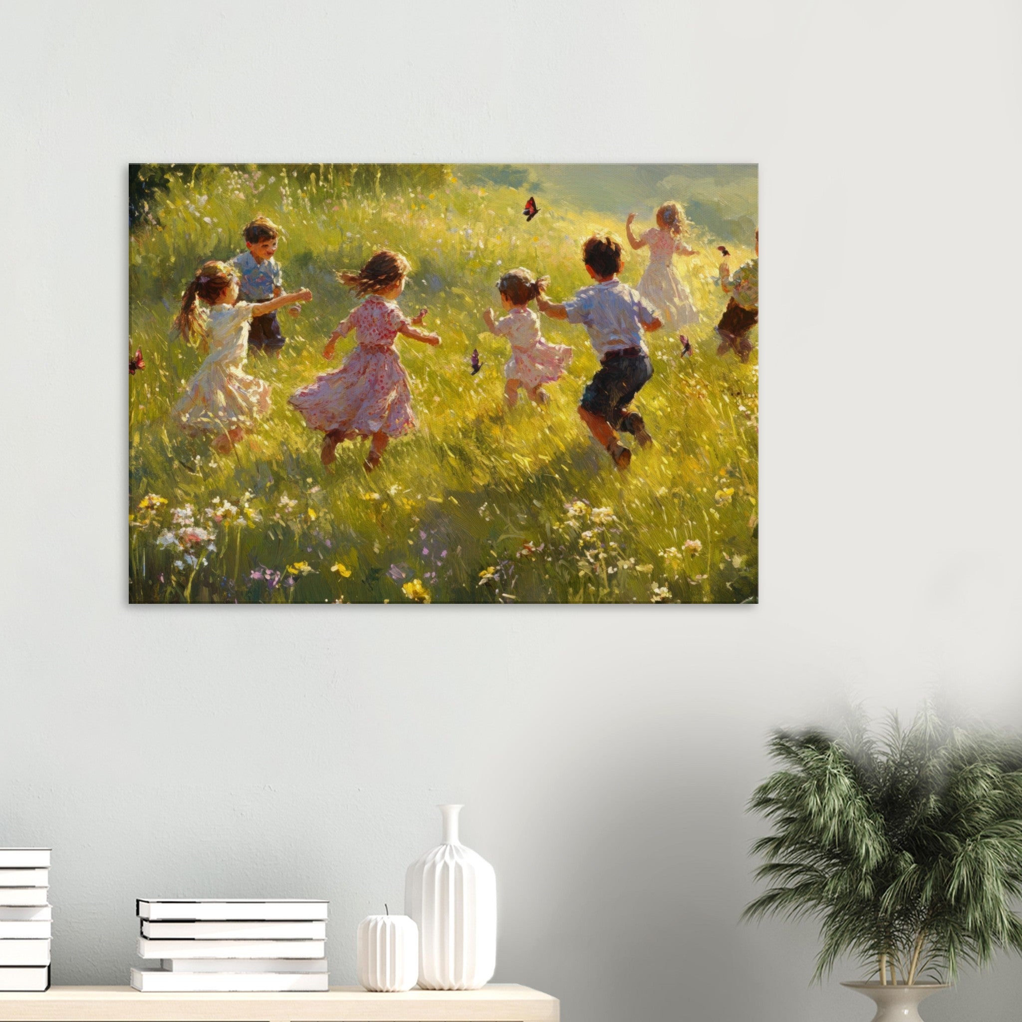 Canvas Landscape - Children Playing in a Meadow A sunlit country 2 - Shop Ai Art WebShop - Digital Art online Store
