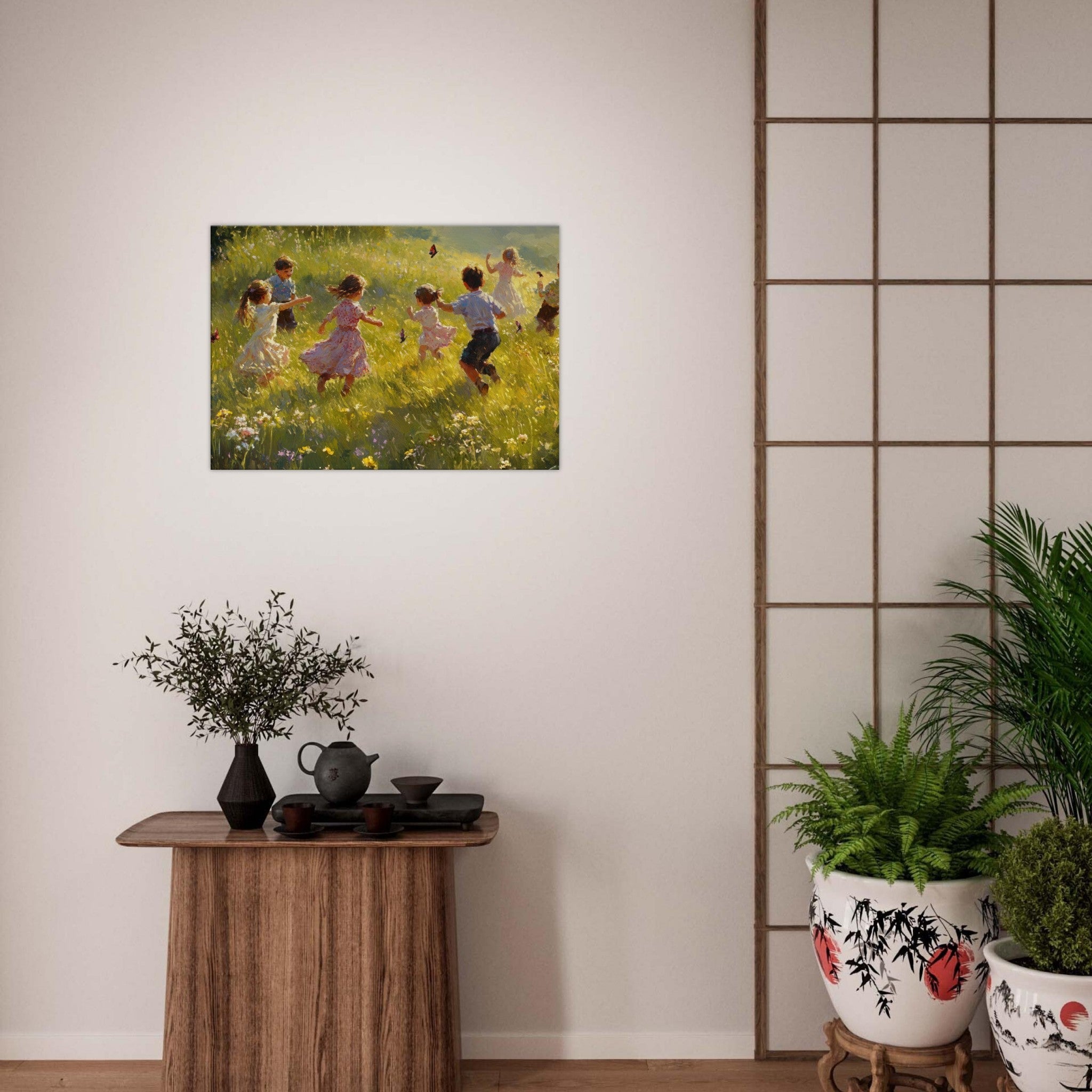 Canvas Landscape - Children Playing in a Meadow A sunlit country 2 - Shop Ai Art WebShop - Digital Art online Store