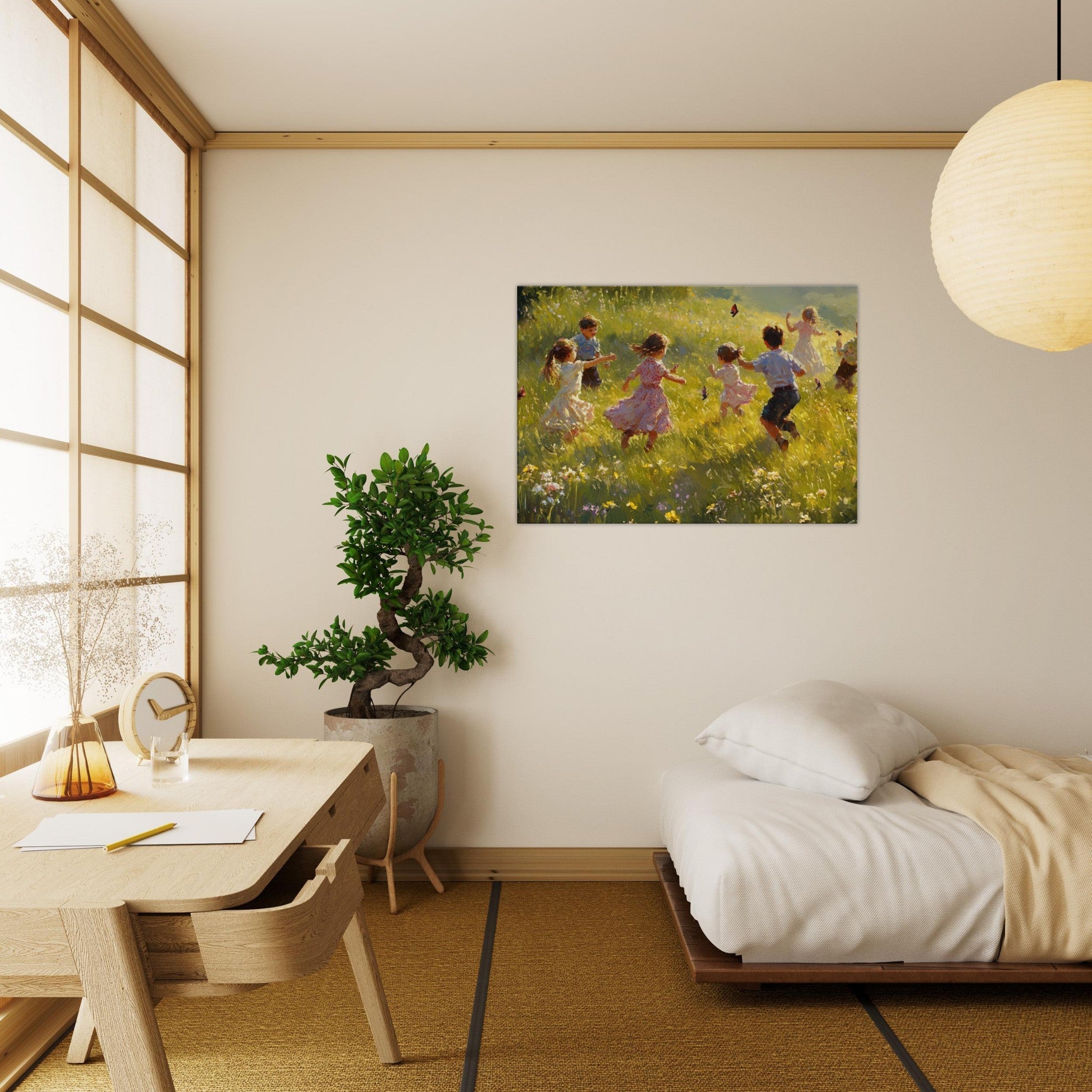 Canvas Landscape - Children Playing in a Meadow A sunlit country 2 - Shop Ai Art WebShop - Digital Art online Store