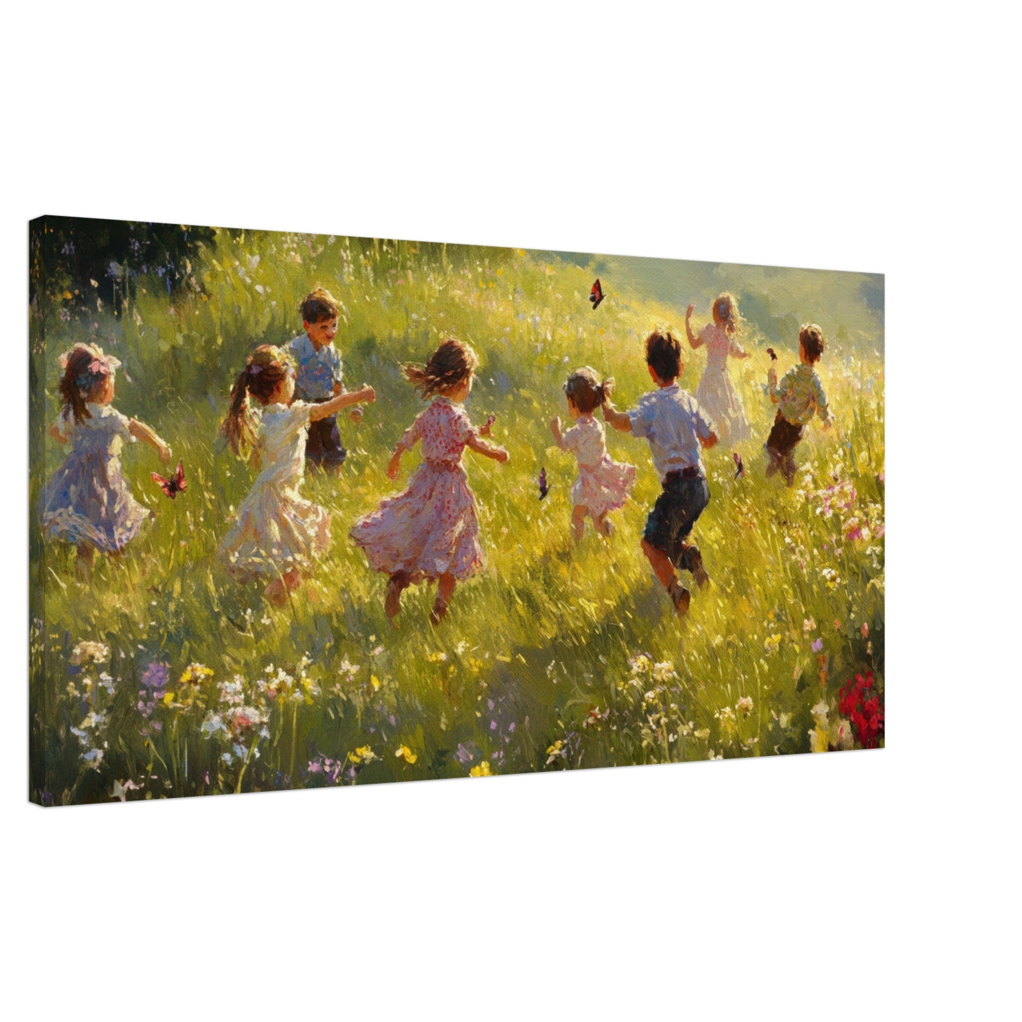 Canvas Landscape - Children Playing in a Meadow A sunlit country 2 - Shop Ai Art WebShop - Digital Art online Store
