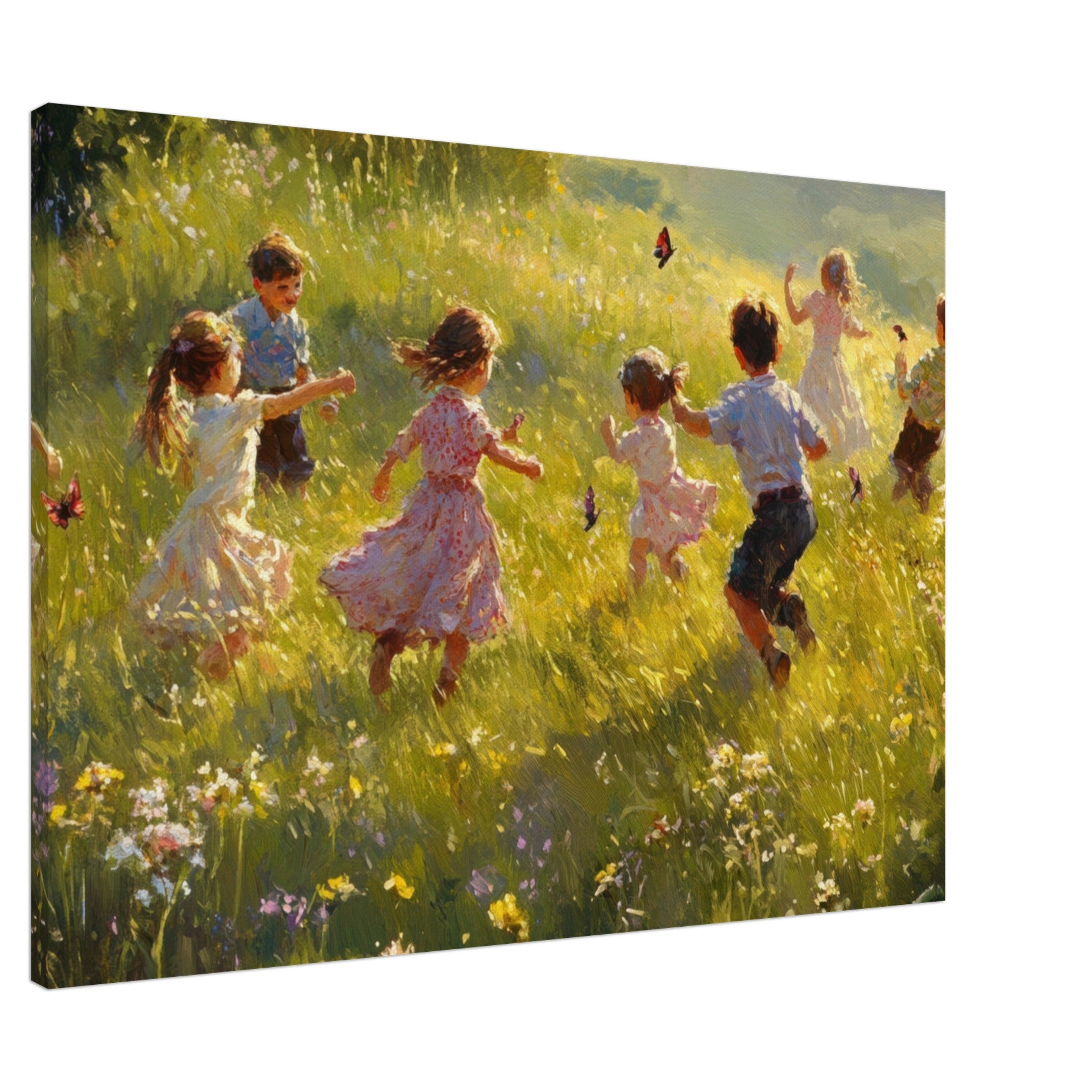 Canvas Landscape - Children Playing in a Meadow A sunlit country 2 - Shop Ai Art WebShop - Digital Art online Store