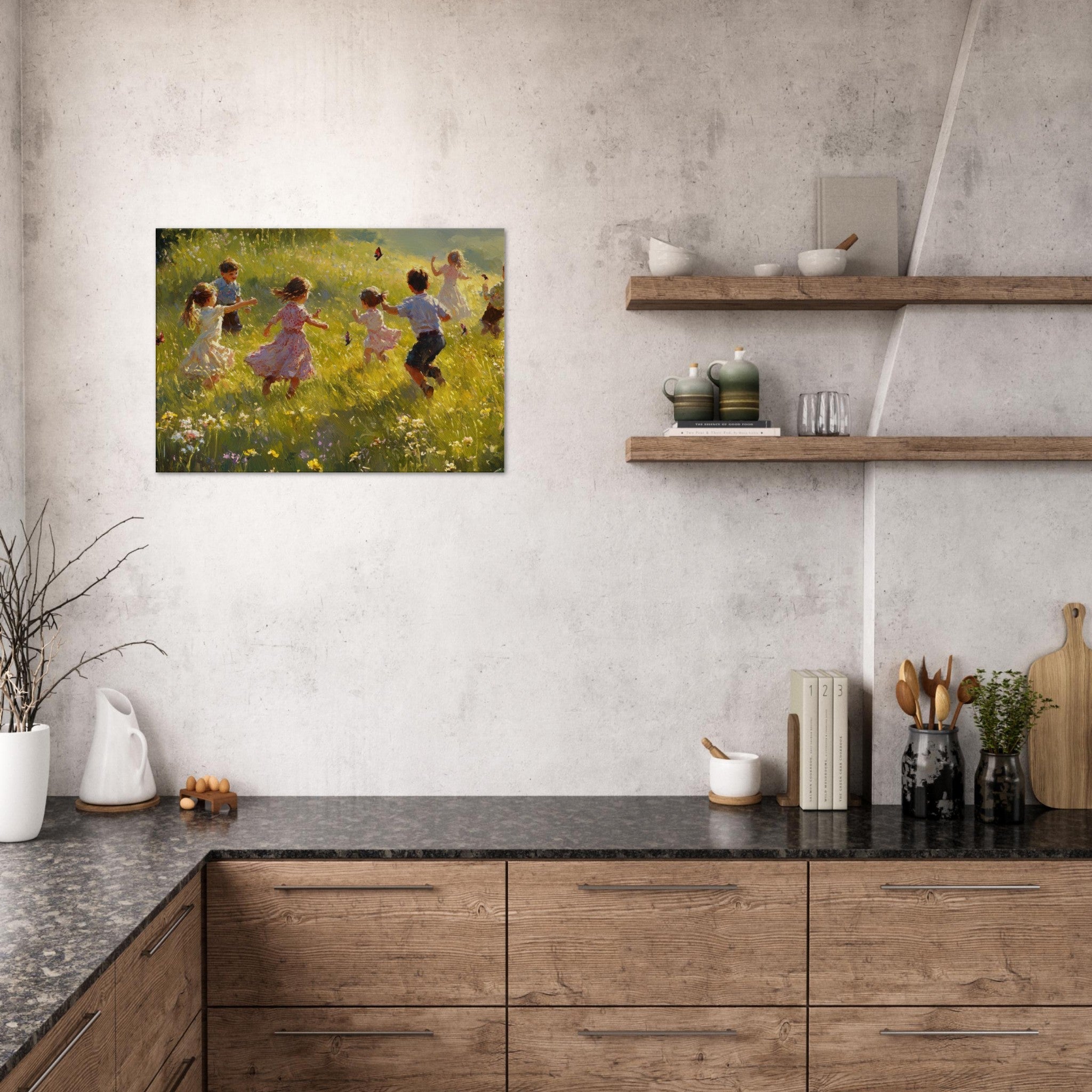 Canvas Landscape - Children Playing in a Meadow A sunlit country 2 - Shop Ai Art WebShop - Digital Art online Store