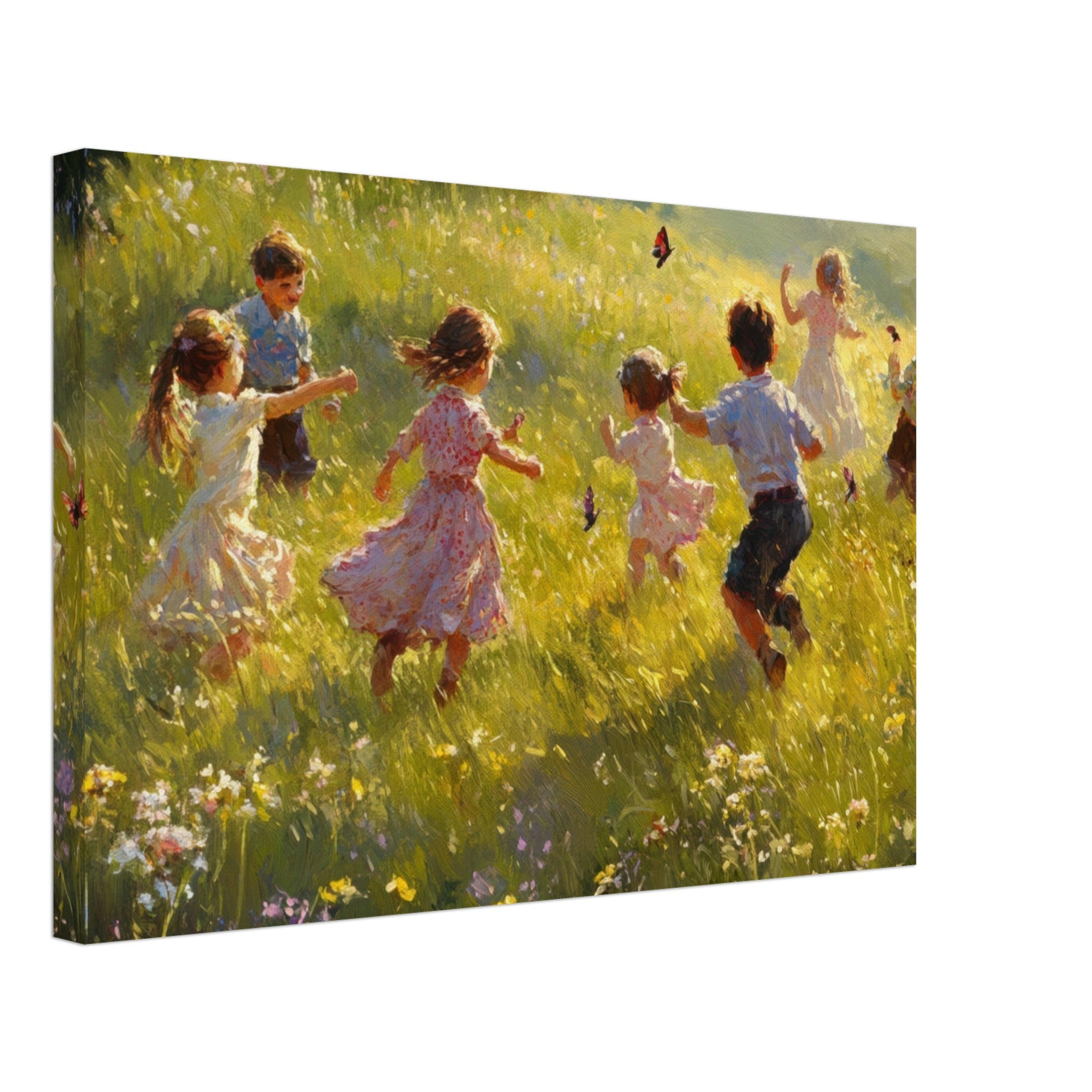 Canvas Landscape - Children Playing in a Meadow A sunlit country 2 - Shop Ai Art WebShop - Digital Art online Store