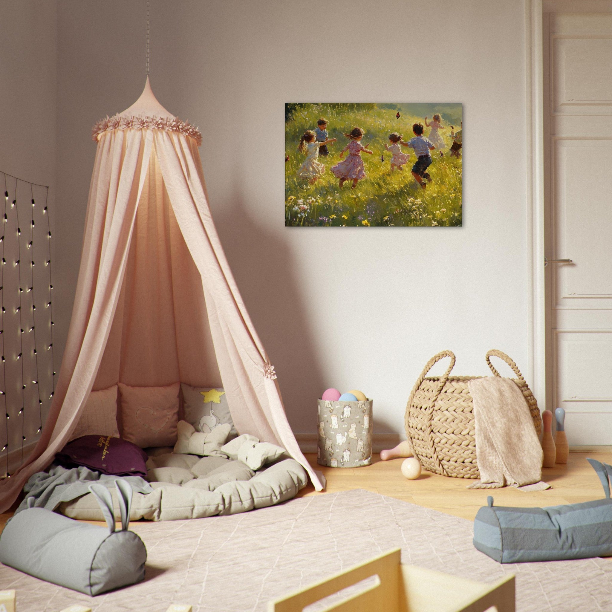 Canvas Landscape - Children Playing in a Meadow A sunlit country 2 - Shop Ai Art WebShop - Digital Art online Store