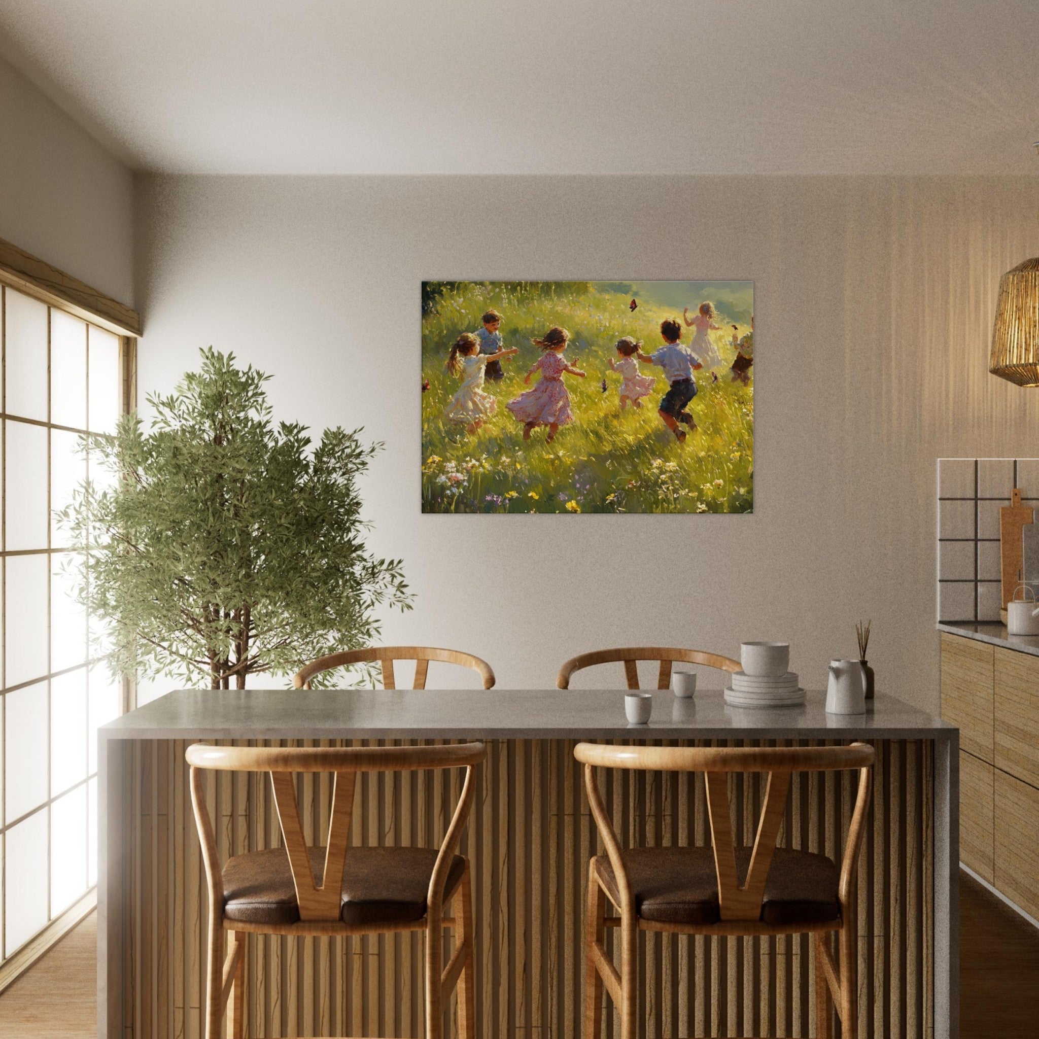 Canvas Landscape - Children Playing in a Meadow A sunlit country 2 - Shop Ai Art WebShop - Digital Art online Store