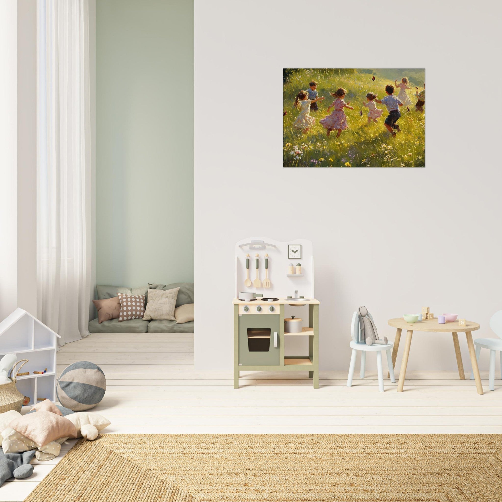 Canvas Landscape - Children Playing in a Meadow A sunlit country 2 - Shop Ai Art WebShop - Digital Art online Store