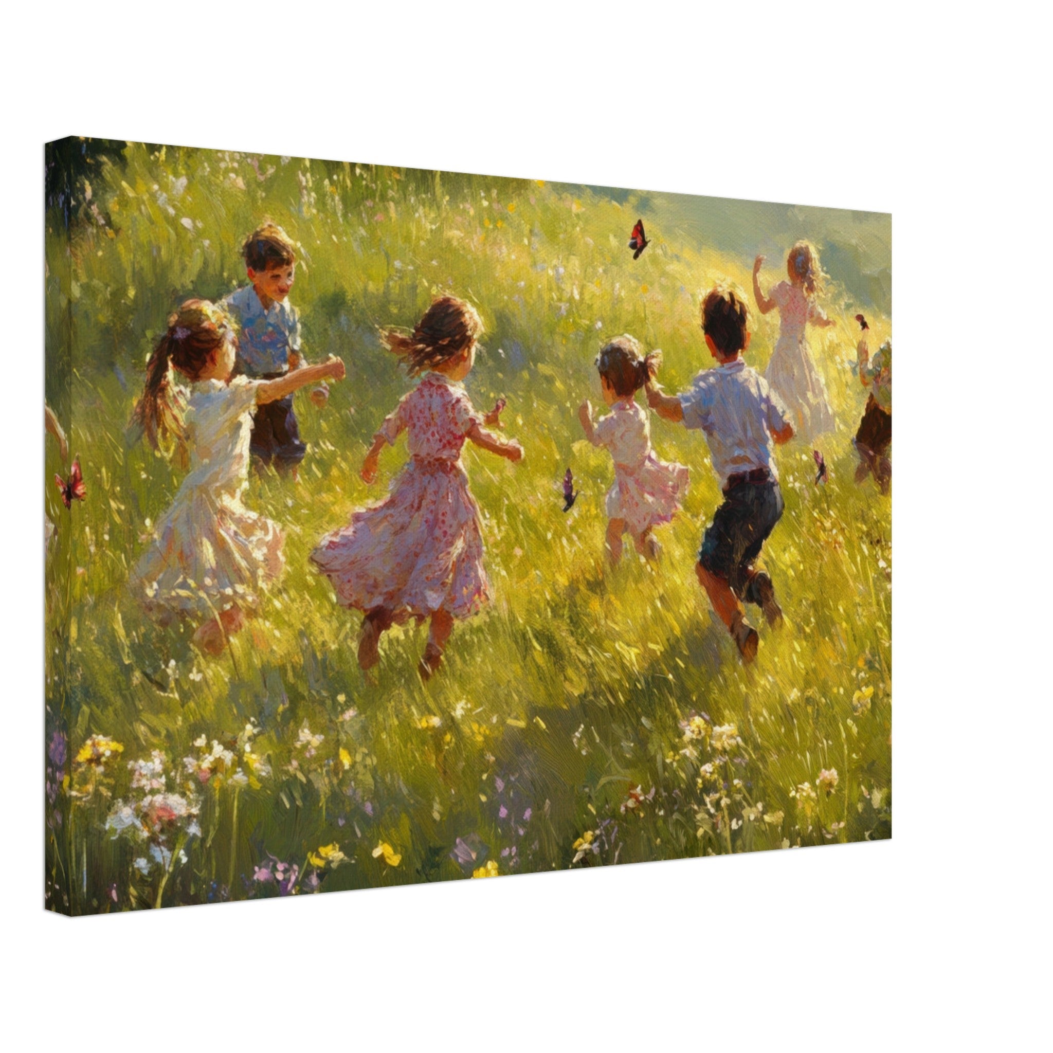 Canvas Landscape - Children Playing in a Meadow A sunlit country 2 - Shop Ai Art WebShop - Digital Art online Store