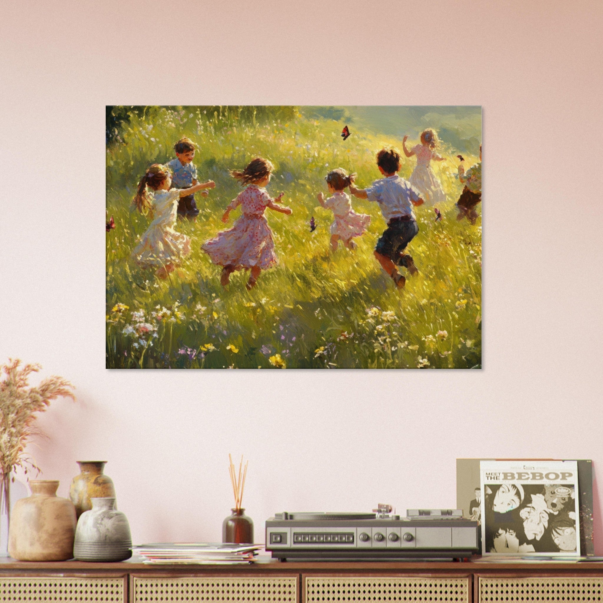 Canvas Landscape - Children Playing in a Meadow A sunlit country 2 - Shop Ai Art WebShop - Digital Art online Store