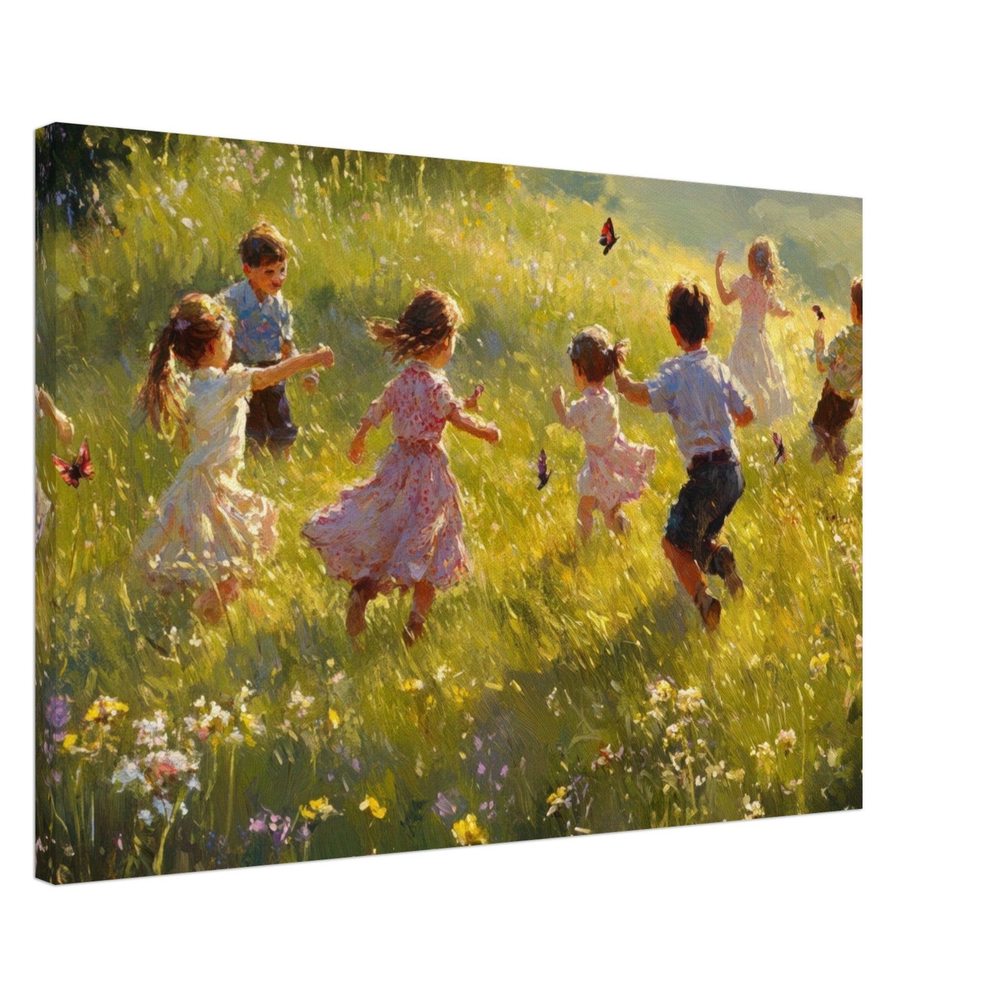 Canvas Landscape - Children Playing in a Meadow A sunlit country 2 - Shop Ai Art WebShop - Digital Art online Store