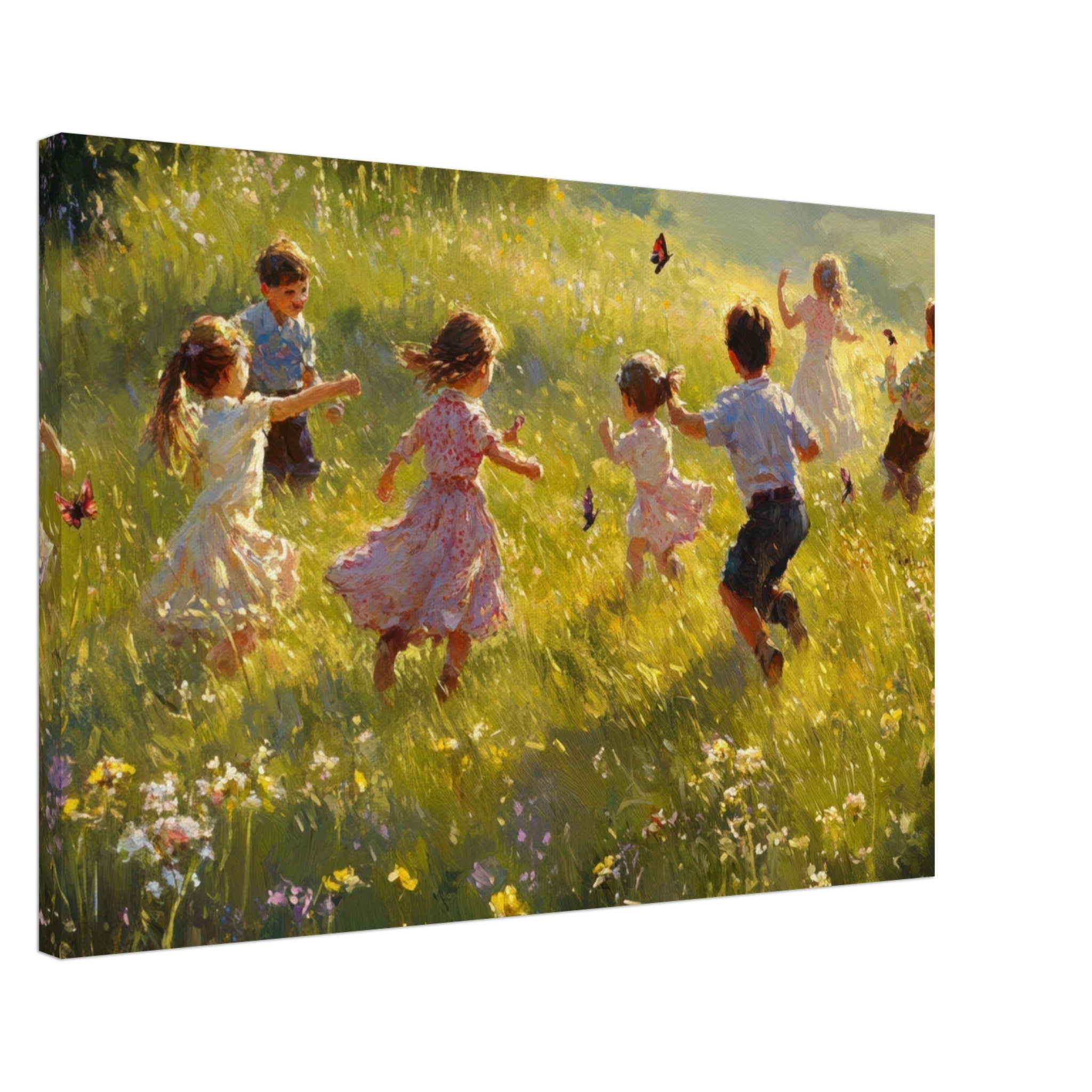 Canvas Landscape - Children Playing in a Meadow A sunlit country 2 - Shop Ai Art WebShop - Digital Art online Store