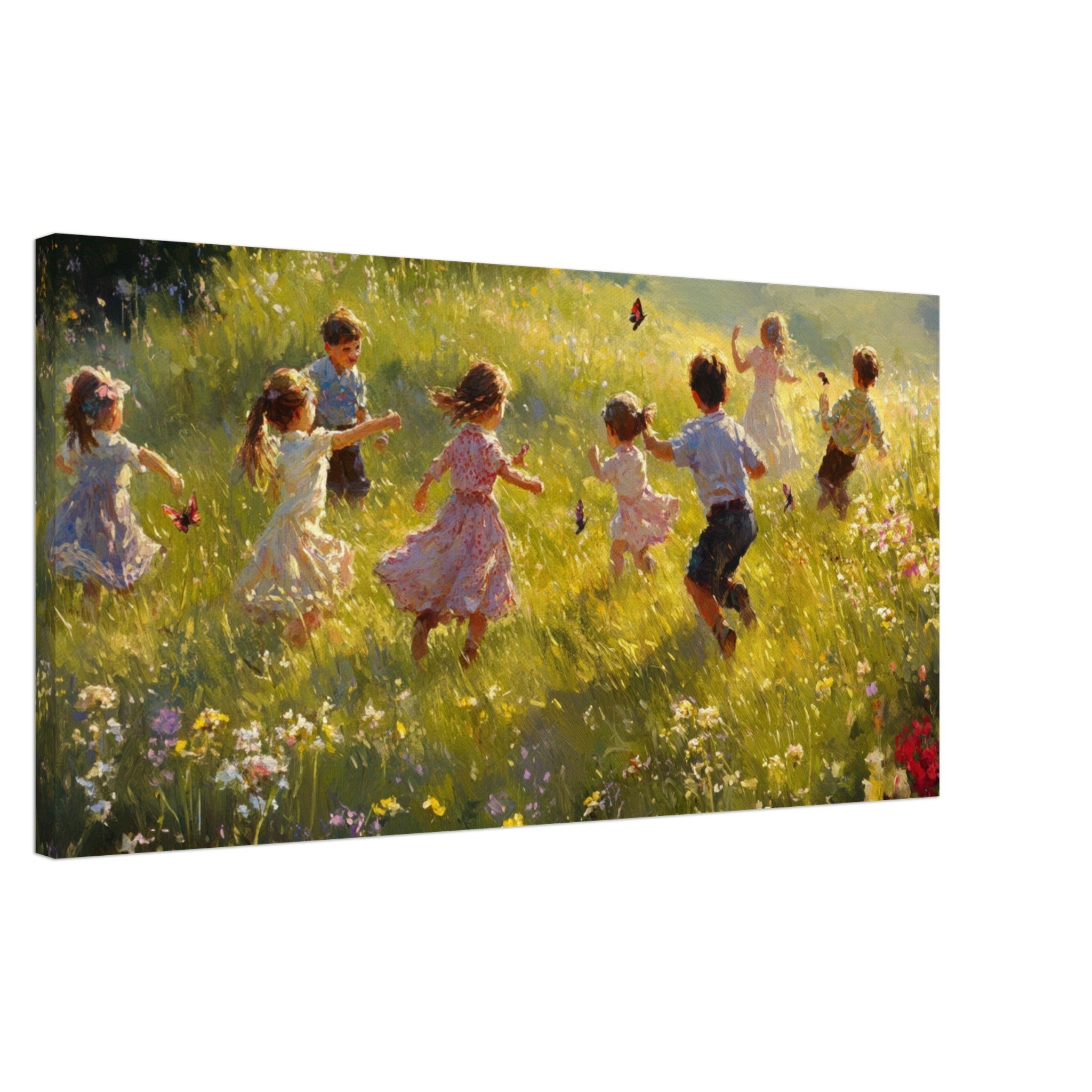 Canvas Landscape - Children Playing in a Meadow A sunlit country 2 - Shop Ai Art WebShop - Digital Art online Store