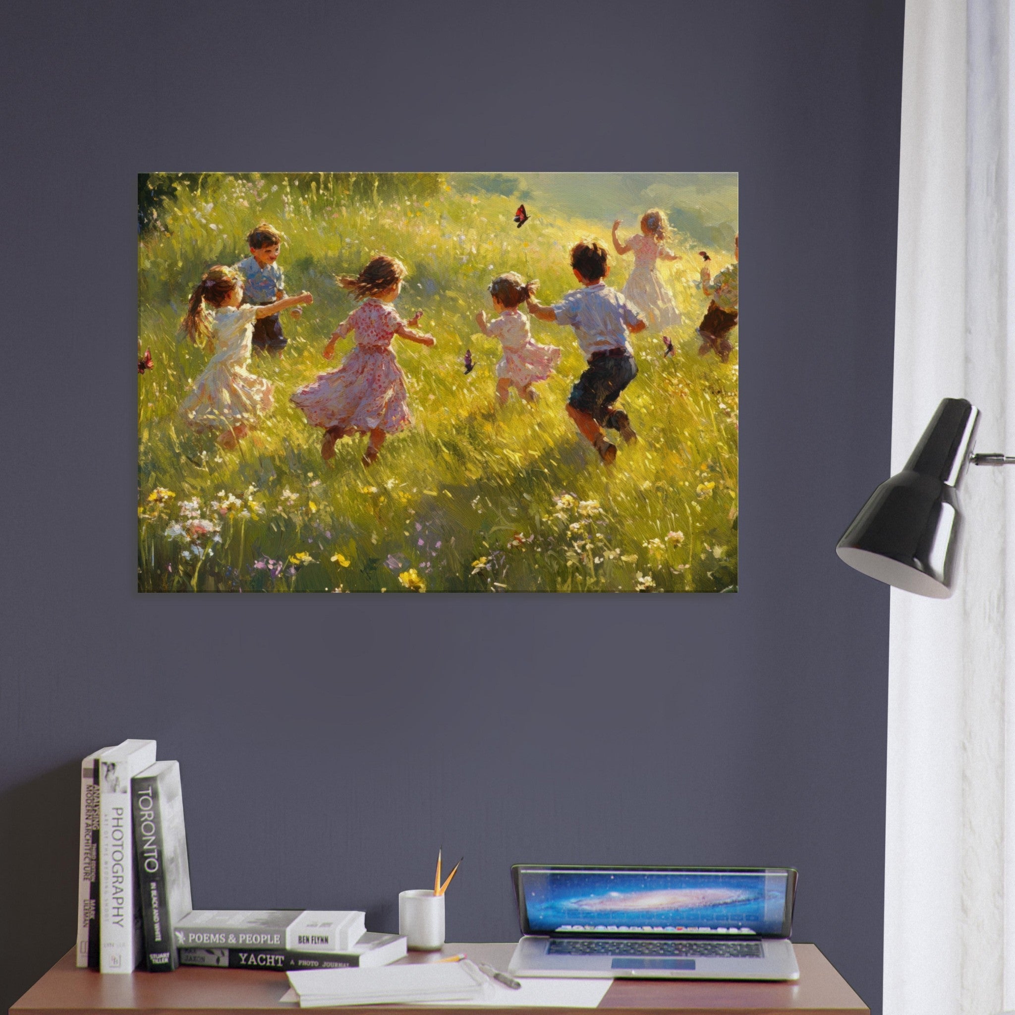 Canvas Landscape - Children Playing in a Meadow A sunlit country 2 - Shop Ai Art WebShop - Digital Art online Store