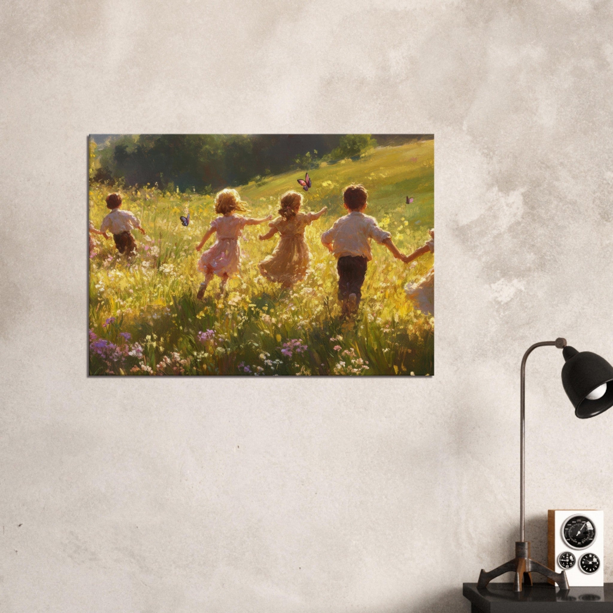 Canvas Landscape - Children Playing in a Meadow A sunlit country - Shop Ai Art WebShop - Digital Art online Store