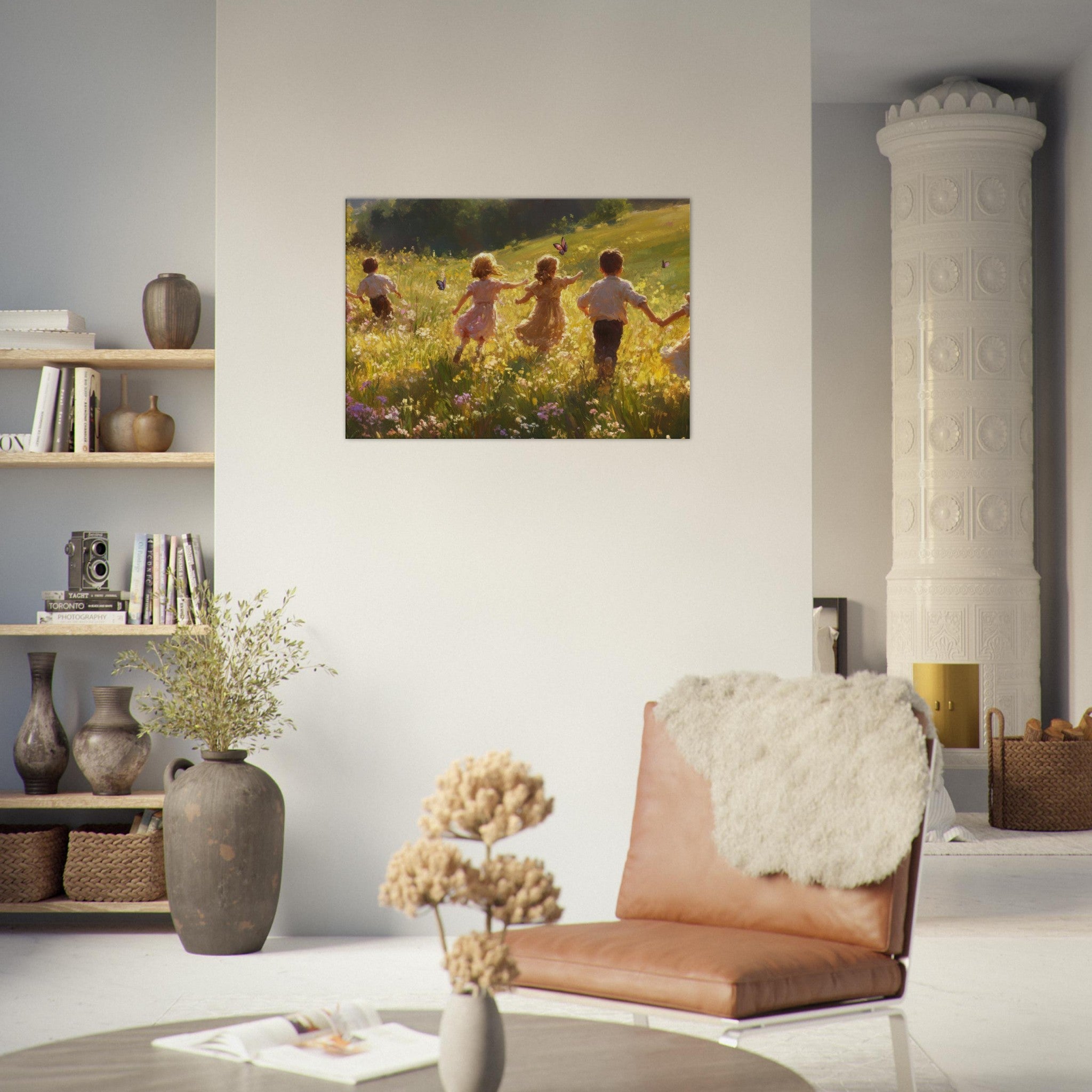 Canvas Landscape - Children Playing in a Meadow A sunlit country - Shop Ai Art WebShop - Digital Art online Store