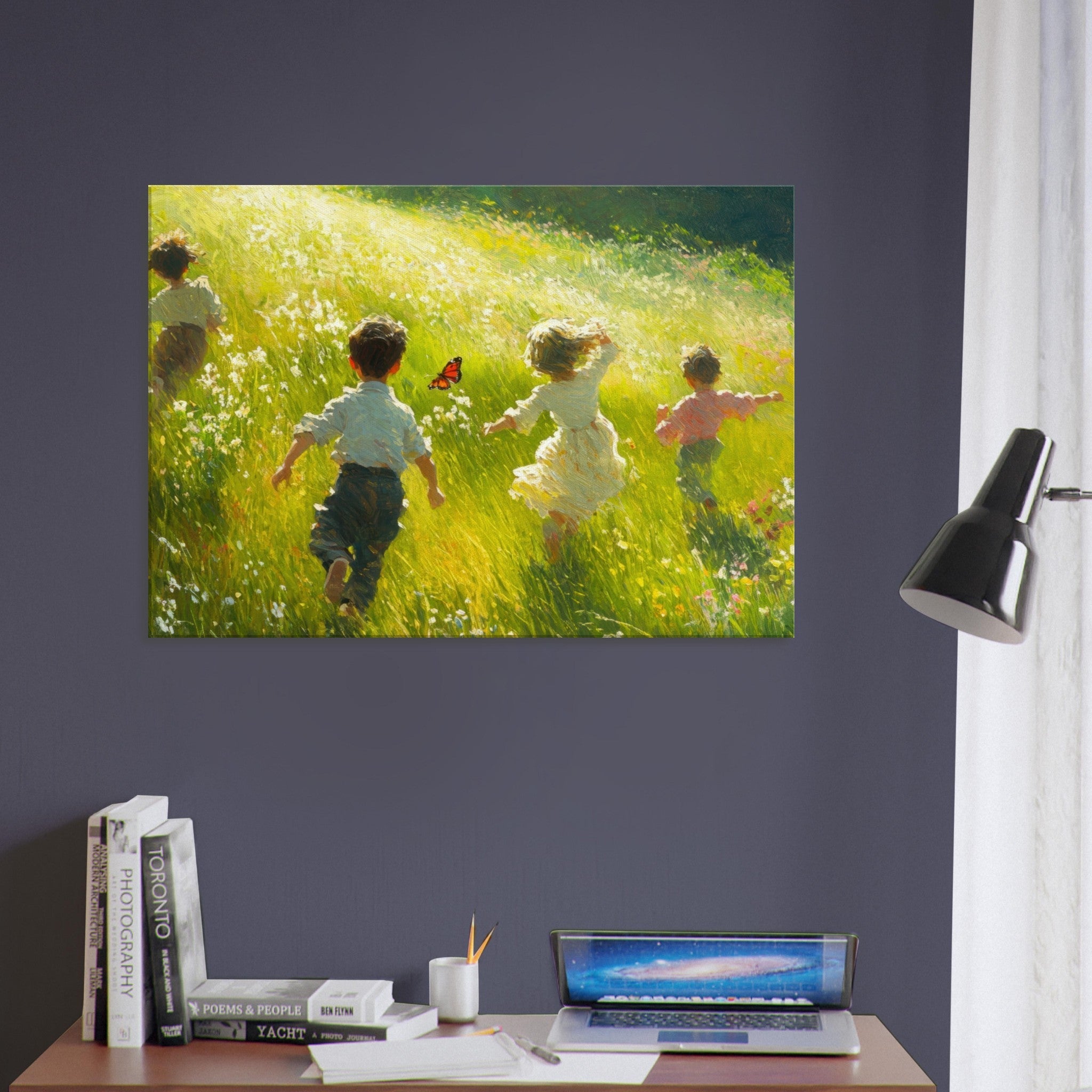 Canvas Landscape - Children Playing in a Meadow A sunlit country 3 - Shop Ai Art WebShop - Digital Art online Store