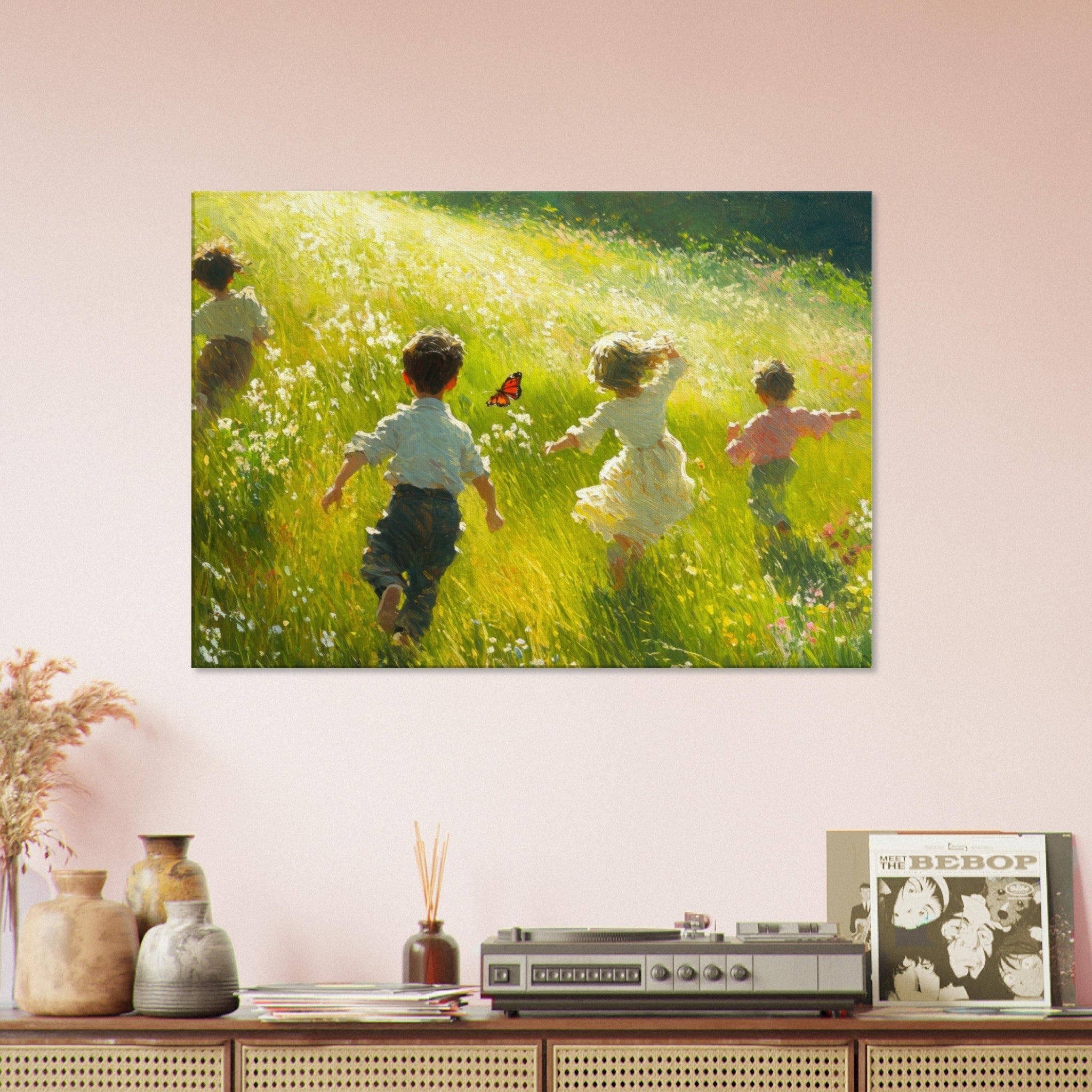 Canvas Landscape - Children Playing in a Meadow A sunlit country 3 - Shop Ai Art WebShop - Digital Art online Store