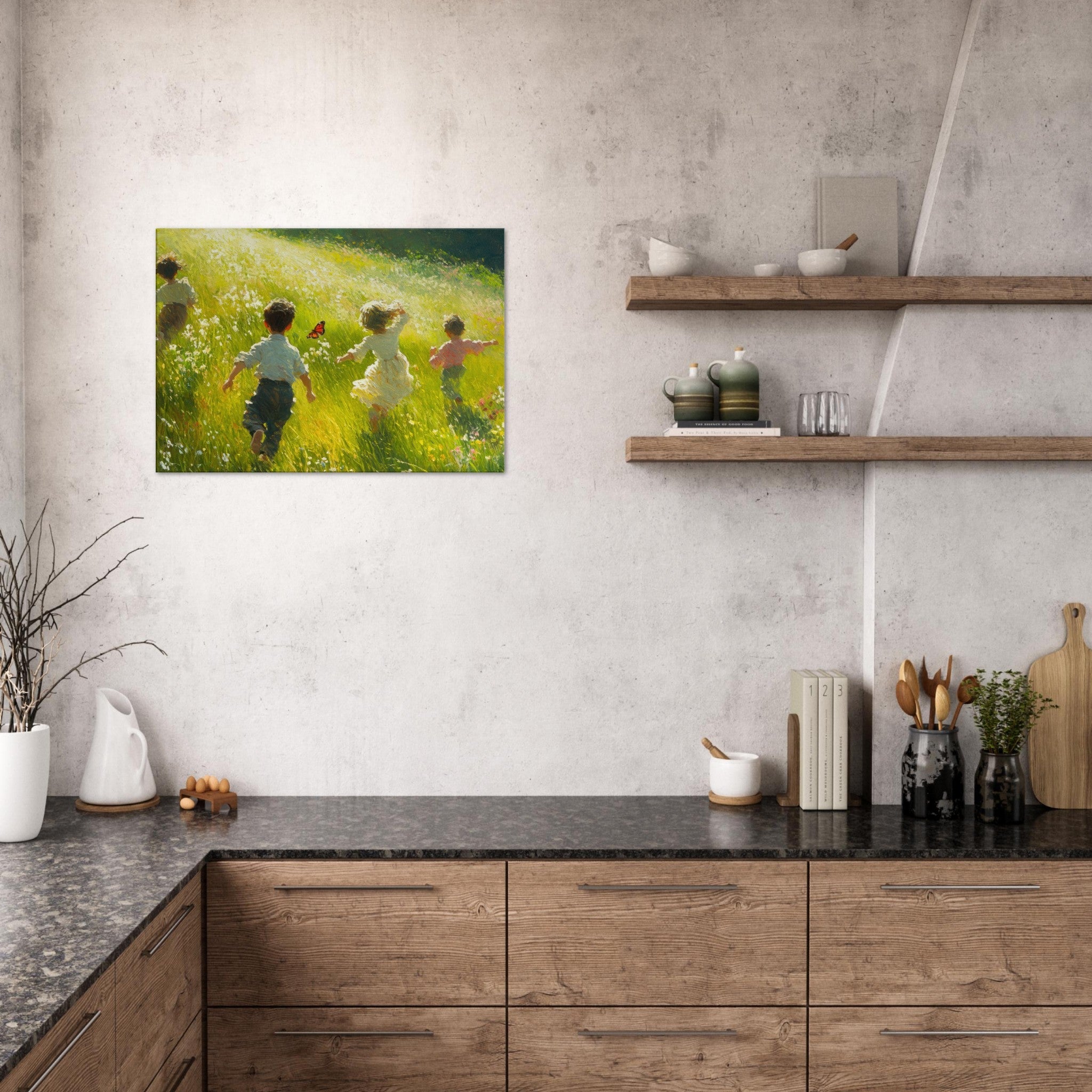 Canvas Landscape - Children Playing in a Meadow A sunlit country 3 - Shop Ai Art WebShop - Digital Art online Store