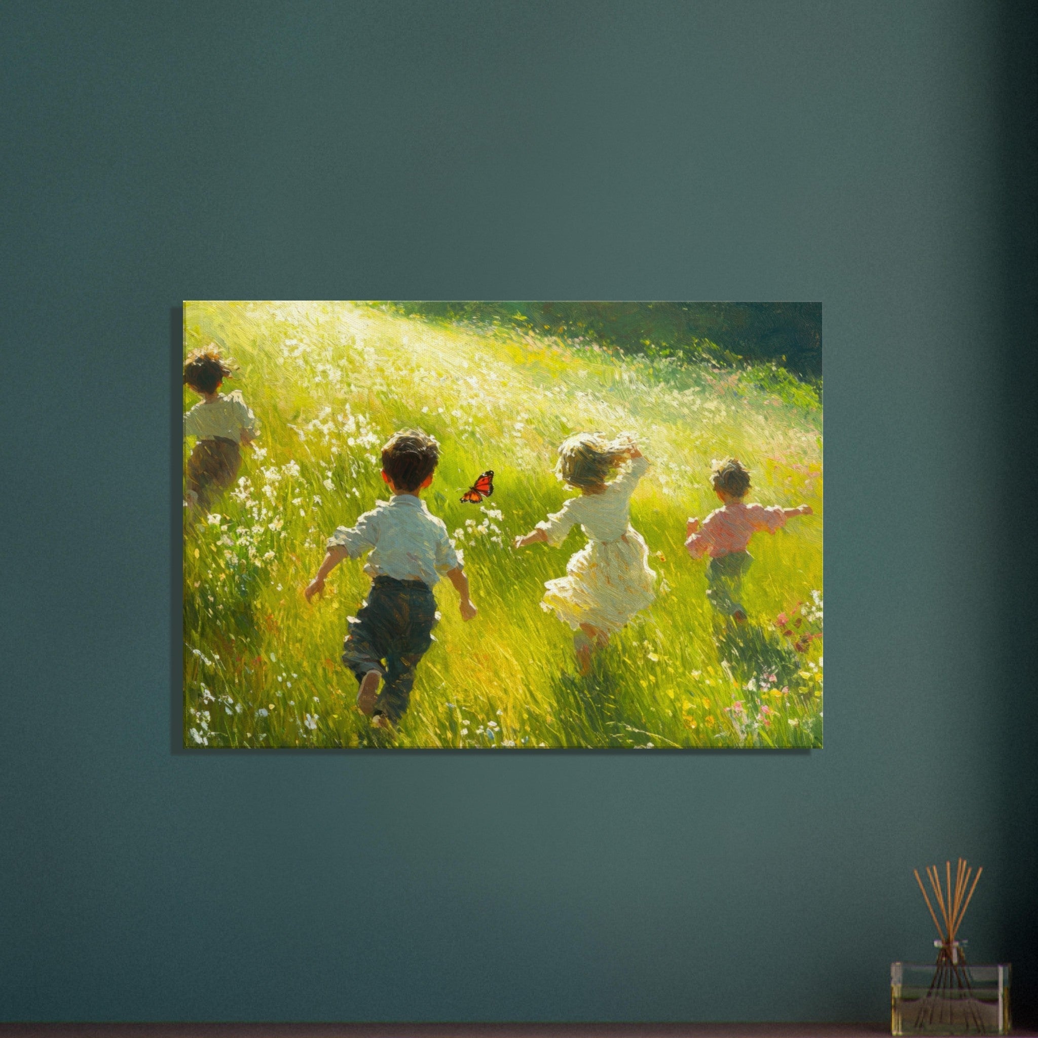 Canvas Landscape - Children Playing in a Meadow A sunlit country 3 - Shop Ai Art WebShop - Digital Art online Store