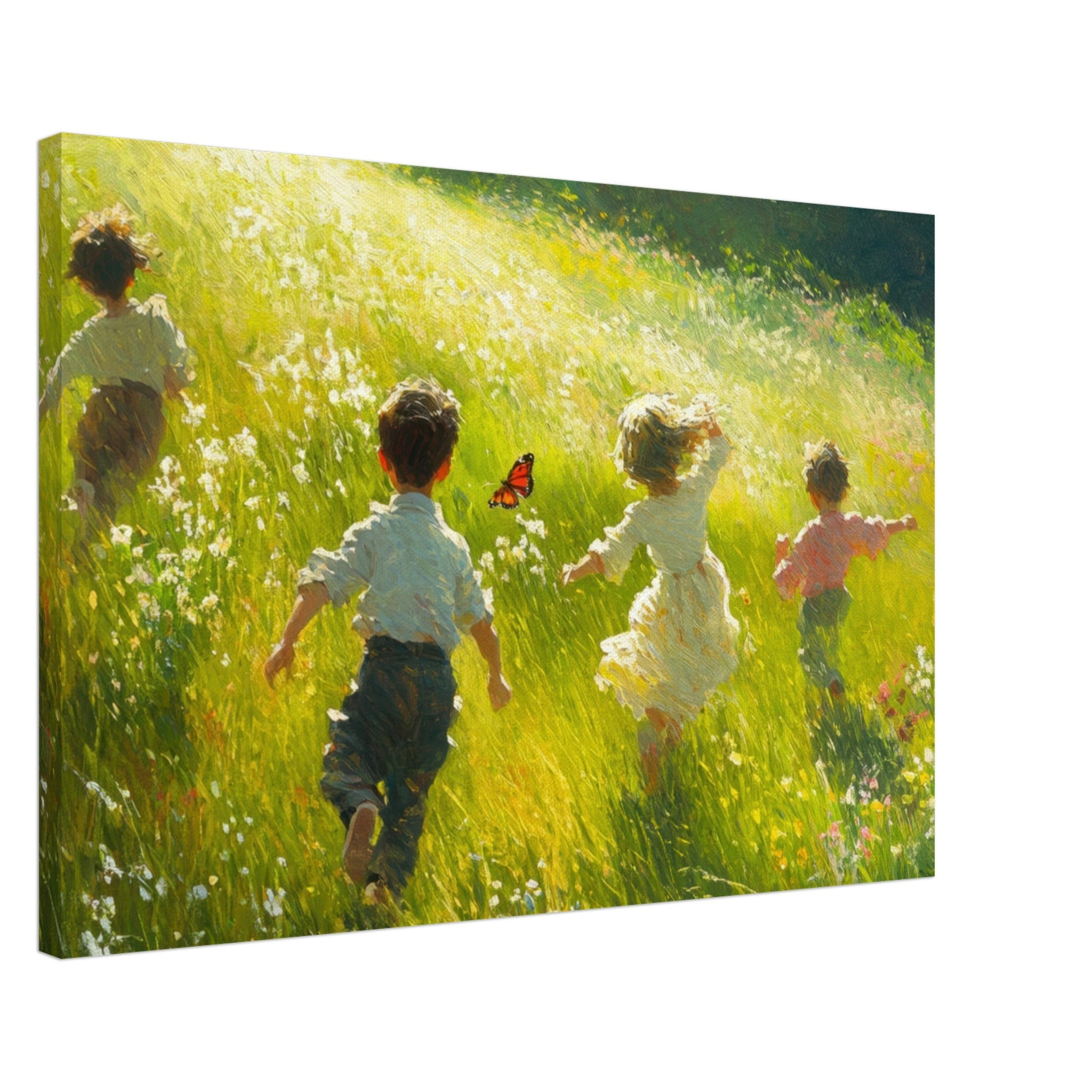 Canvas Landscape - Children Playing in a Meadow A sunlit country 3 - Shop Ai Art WebShop - Digital Art online Store