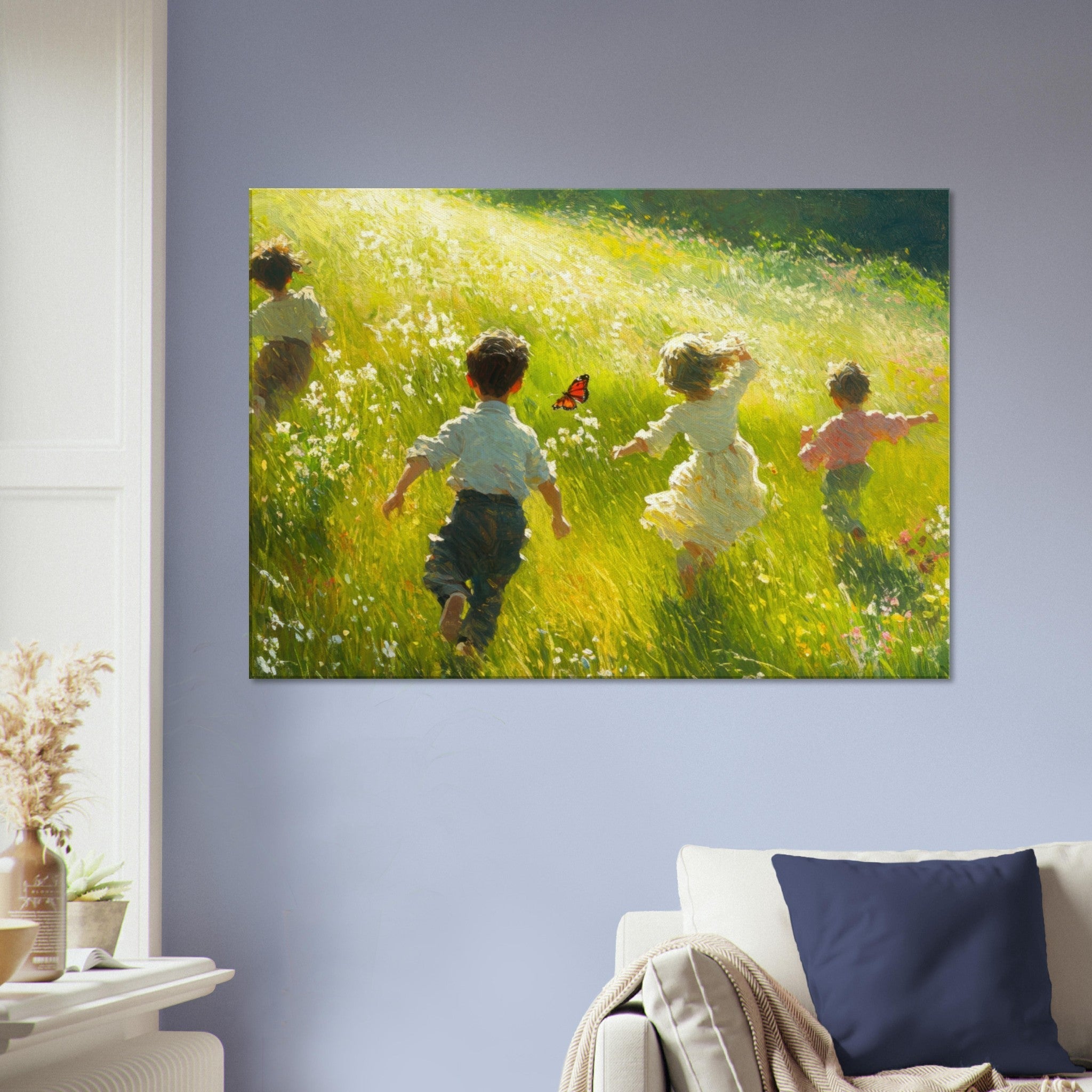 Canvas Landscape - Children Playing in a Meadow A sunlit country 3 - Shop Ai Art WebShop - Digital Art online Store