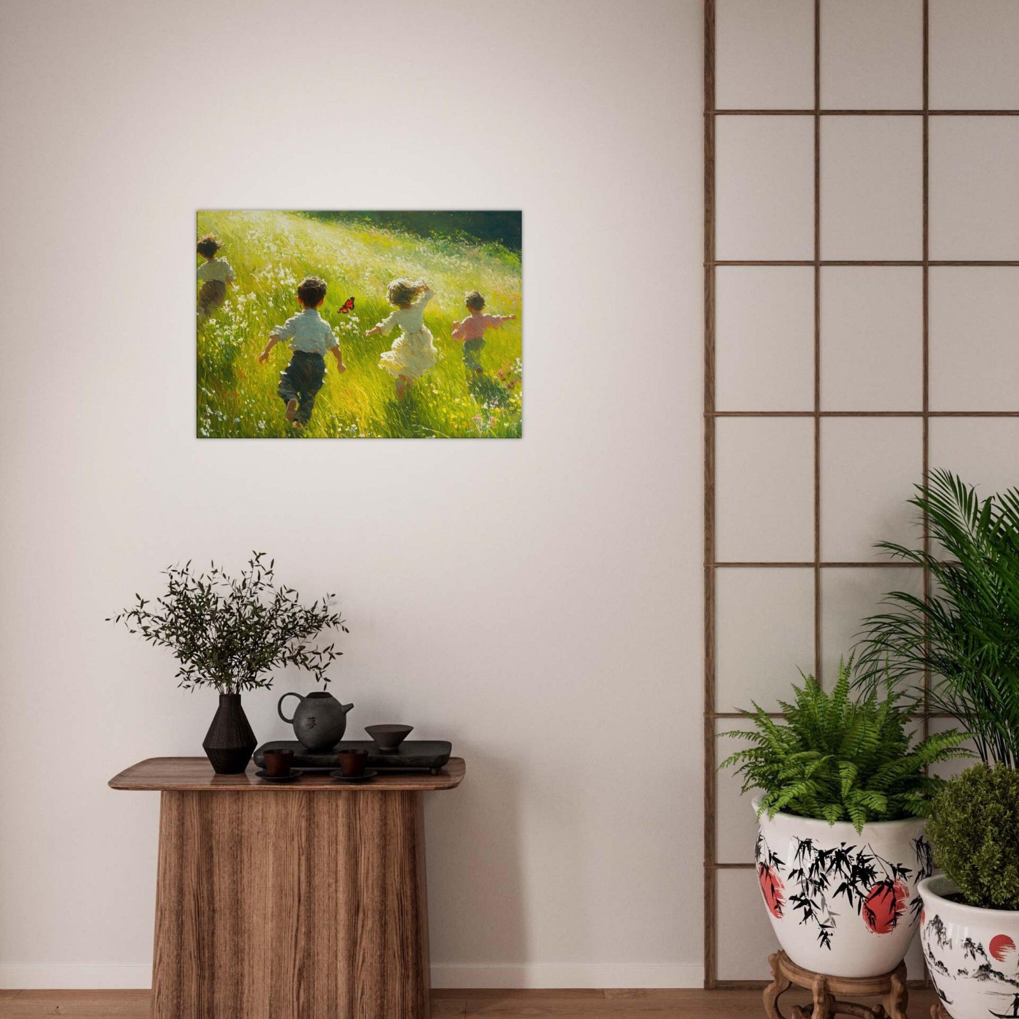 Canvas Landscape - Children Playing in a Meadow A sunlit country 3 - Shop Ai Art WebShop - Digital Art online Store